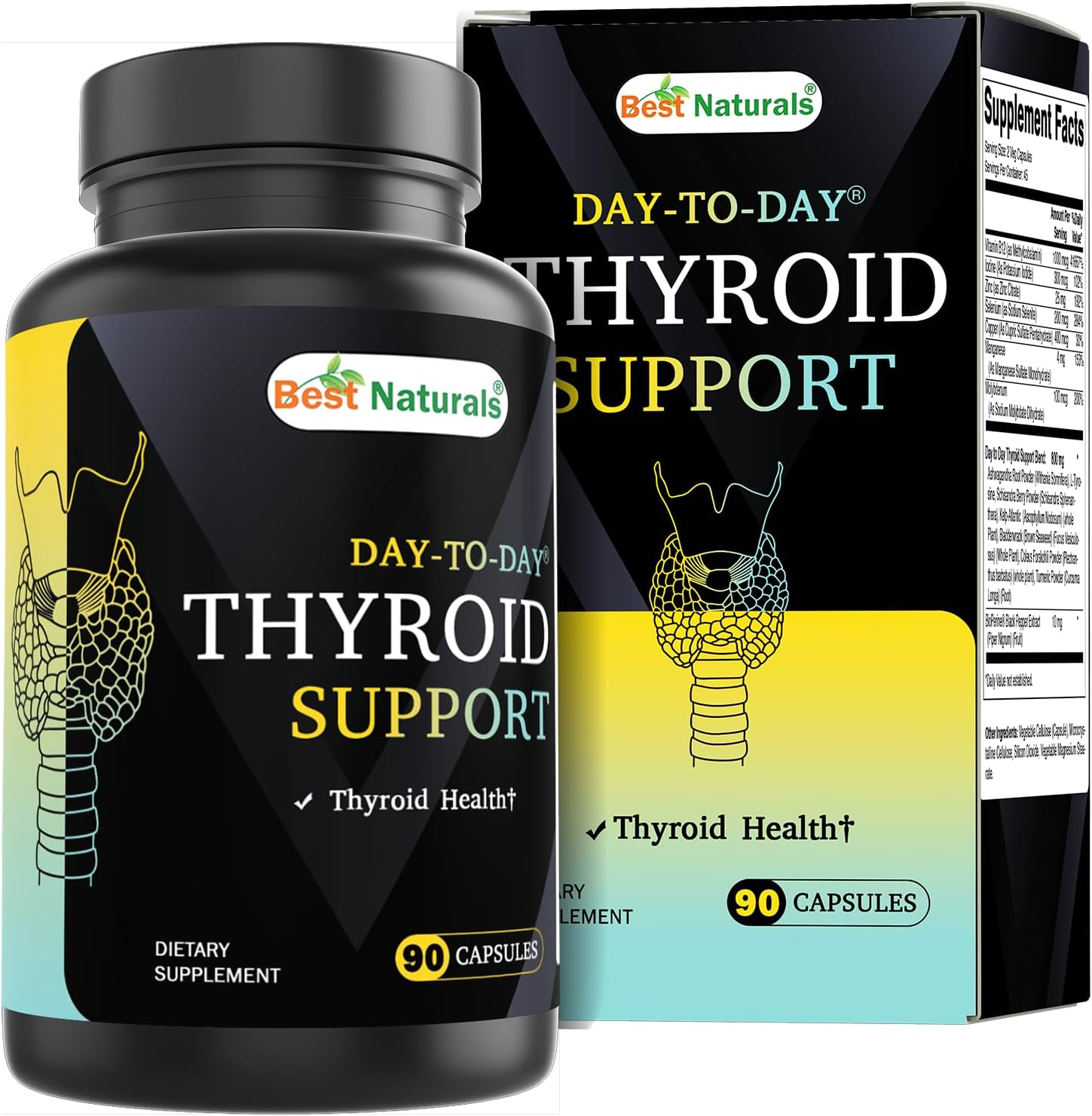 Best Naturals Day-To-Day Thyroid Support Supplement, 90 Vegetable Capsules, Made with Iodine, Zinc, B12, Ashwagandha, L-Tyrosine and Bioperine image number 1