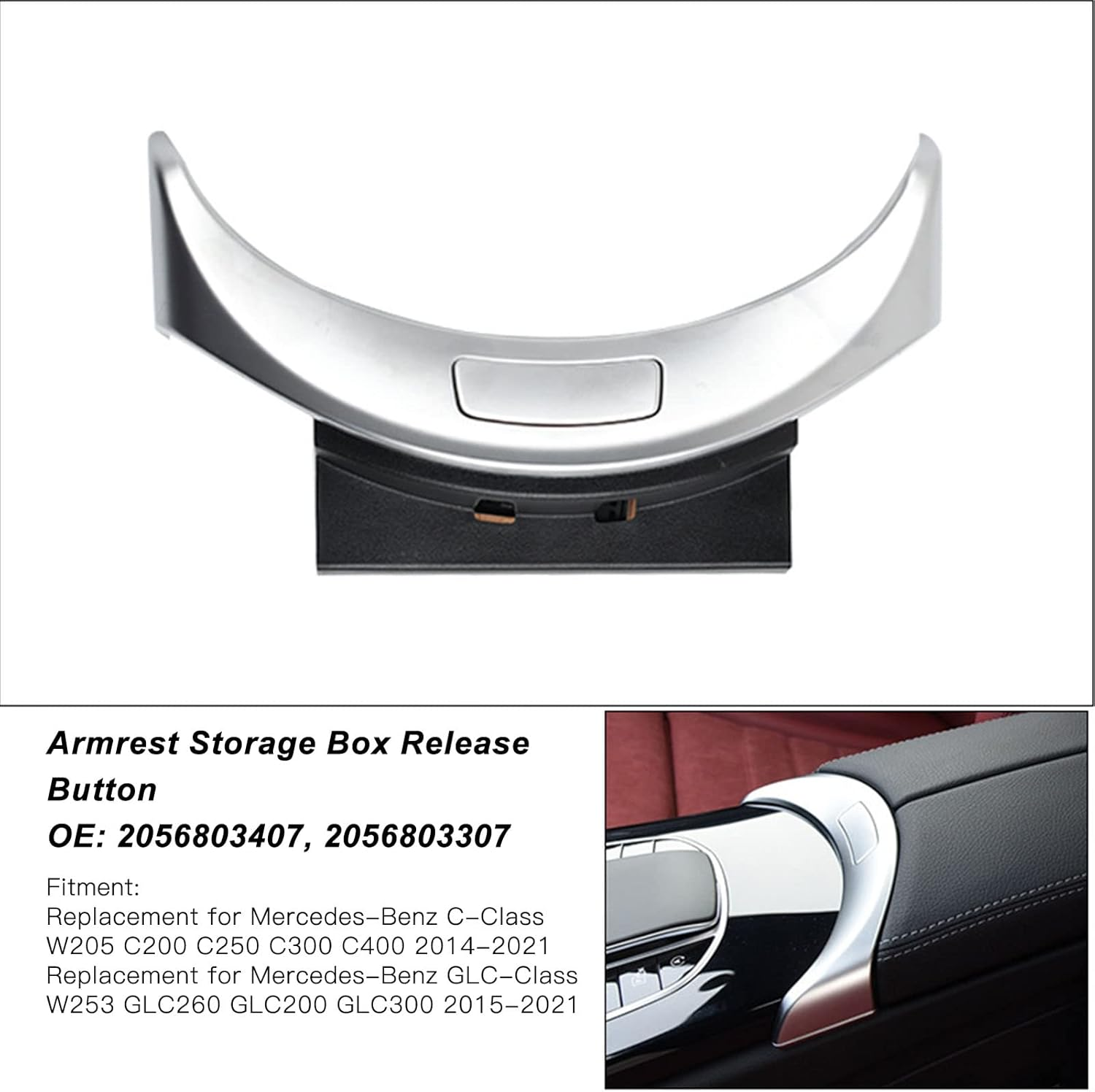 Center Console Armrest Storage Box Release Button Switch Cover, 2056803407 2056803307 Car Interior Protective Cover Trim for Benz W205 C200 C250 C300 C400 W253 GLC260 GLC200 GLC300 (Silver) image number 2