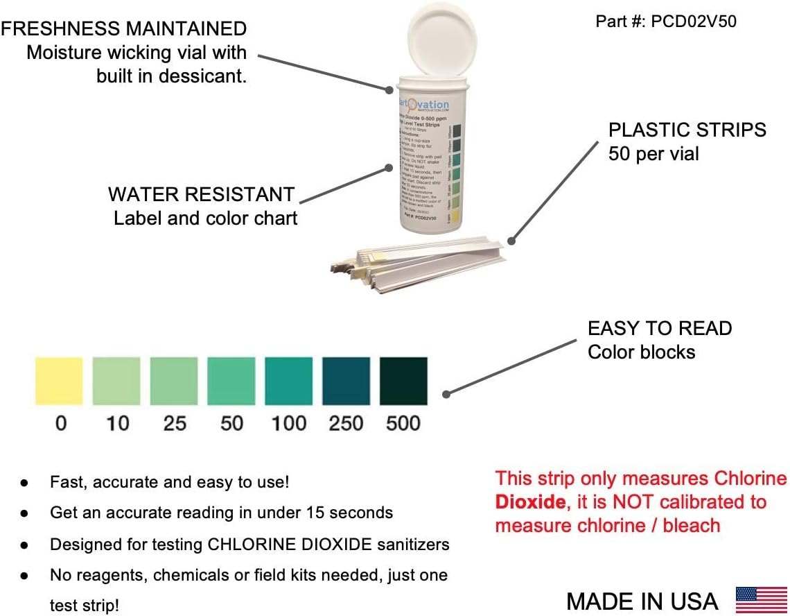 Chlorine Dioxide Single Factor Test Strip 0-500Ppm Range (Vial of 50 Strips) image number 1