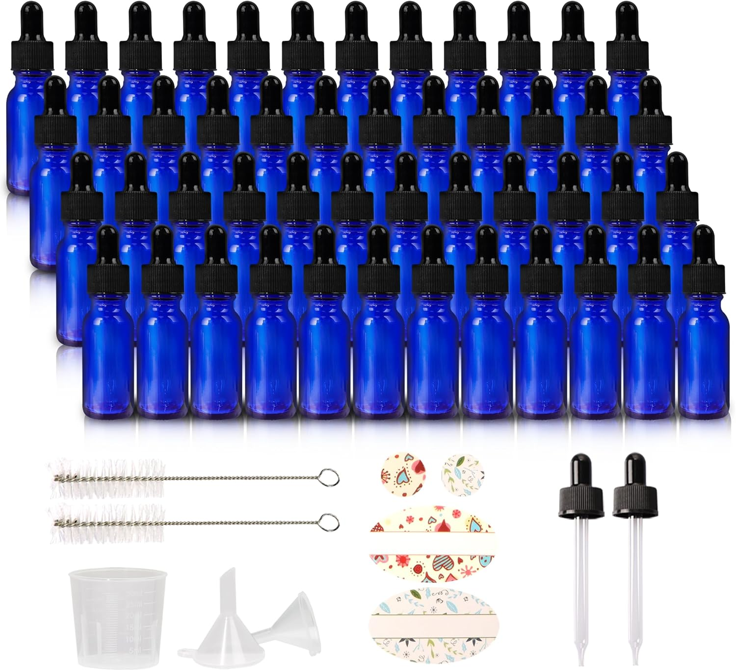 HWASHIN 48 Pack 1/2 Oz (15Ml) Amber Glass Bottles with Glass Eye Droppers for Essential Oils, Perfumes & Lab Chemicals (Brush, Funnels, 2 Extra Droppers, Labels & Measuring Cup Included)