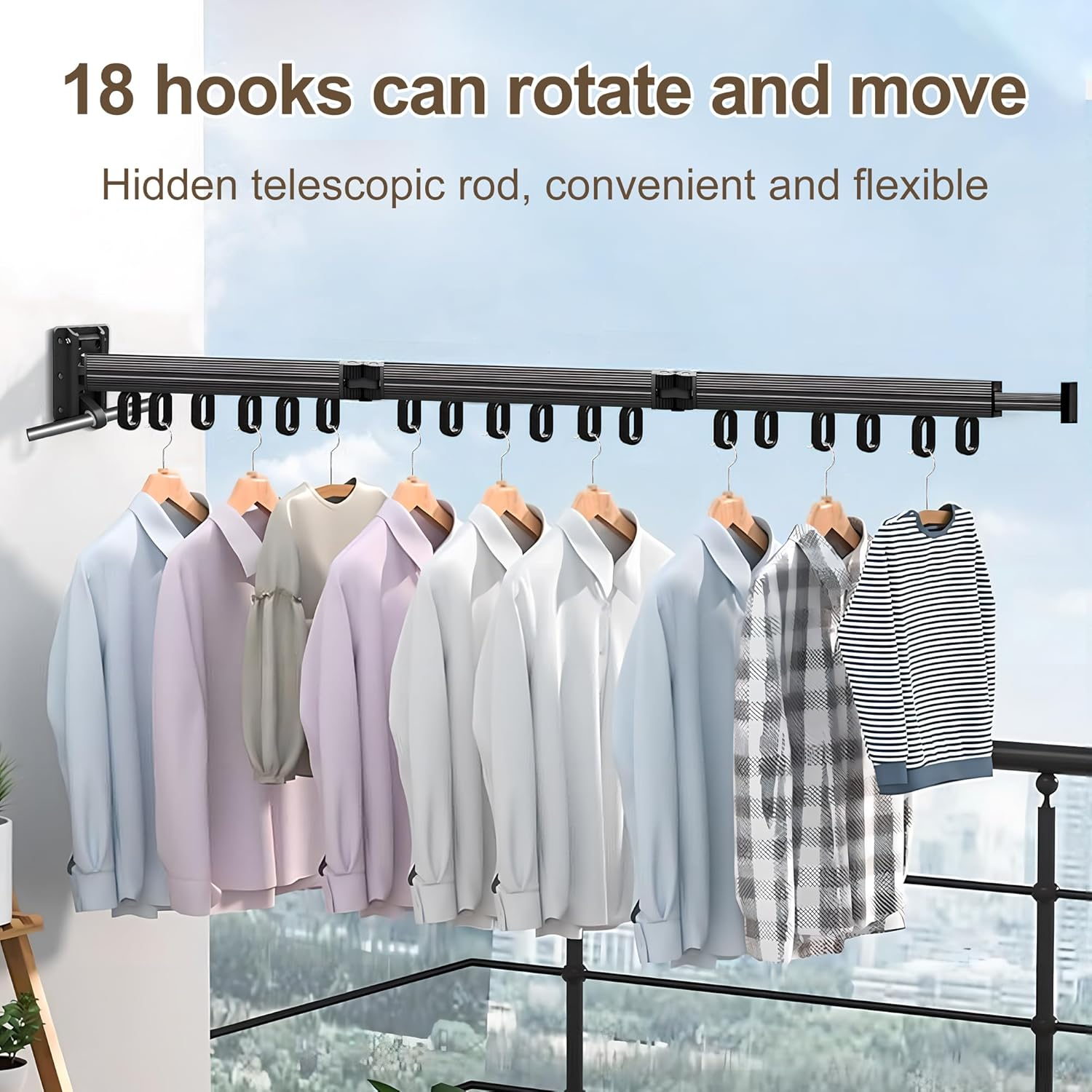 SNSUTY Clothes Drying Rack, Tri-Fold Laundry Drying Rack Wall Mount, Space Saver Clothes Rack with Ring Type Hooks, Retractable, Collapsible, for Balcony, Laundry, Bathroom image number 3