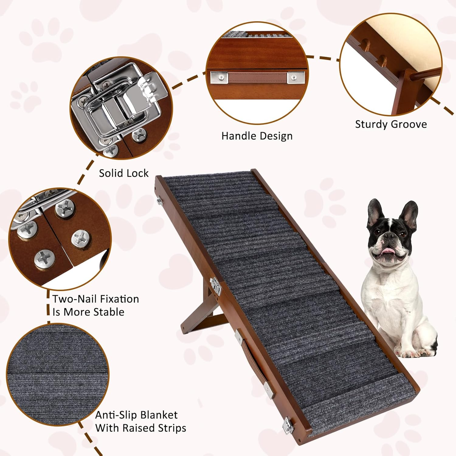 Brown Wooden Framed Folding Portable Pet Ramp. 4 Levels Adjustable 9" to 17.3" with Non-Slip 5 Paw Traction Mat for Small Medium Doggie. Dog Ramps-80Penbn,Uk image number 6