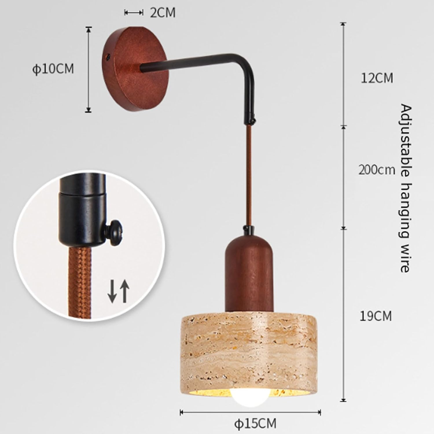 Wall Mounted Lamp Stone Lampshade Wall Lamp Adjustable Cord Height Bedside Wall Lamp E26 Travertine Wall Sconce Wall Lighting image number 4