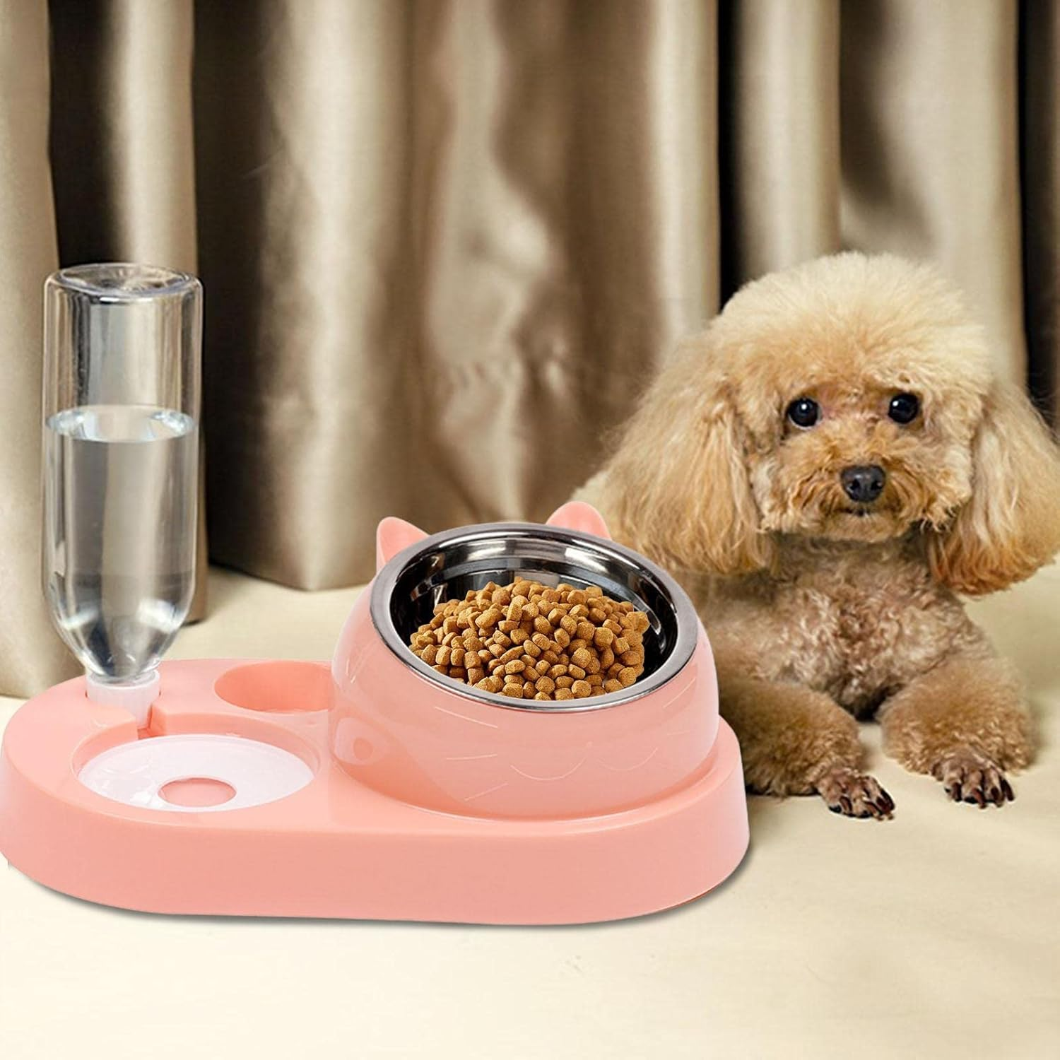Cat Food Bowls - Cat Water Bowl with Stand - Cat Food Feeding Dishes with Automatic Cat Water Bottle for Small Dogs and Cats (Color : C: Pink Stainless Steel Bowl) image number 5