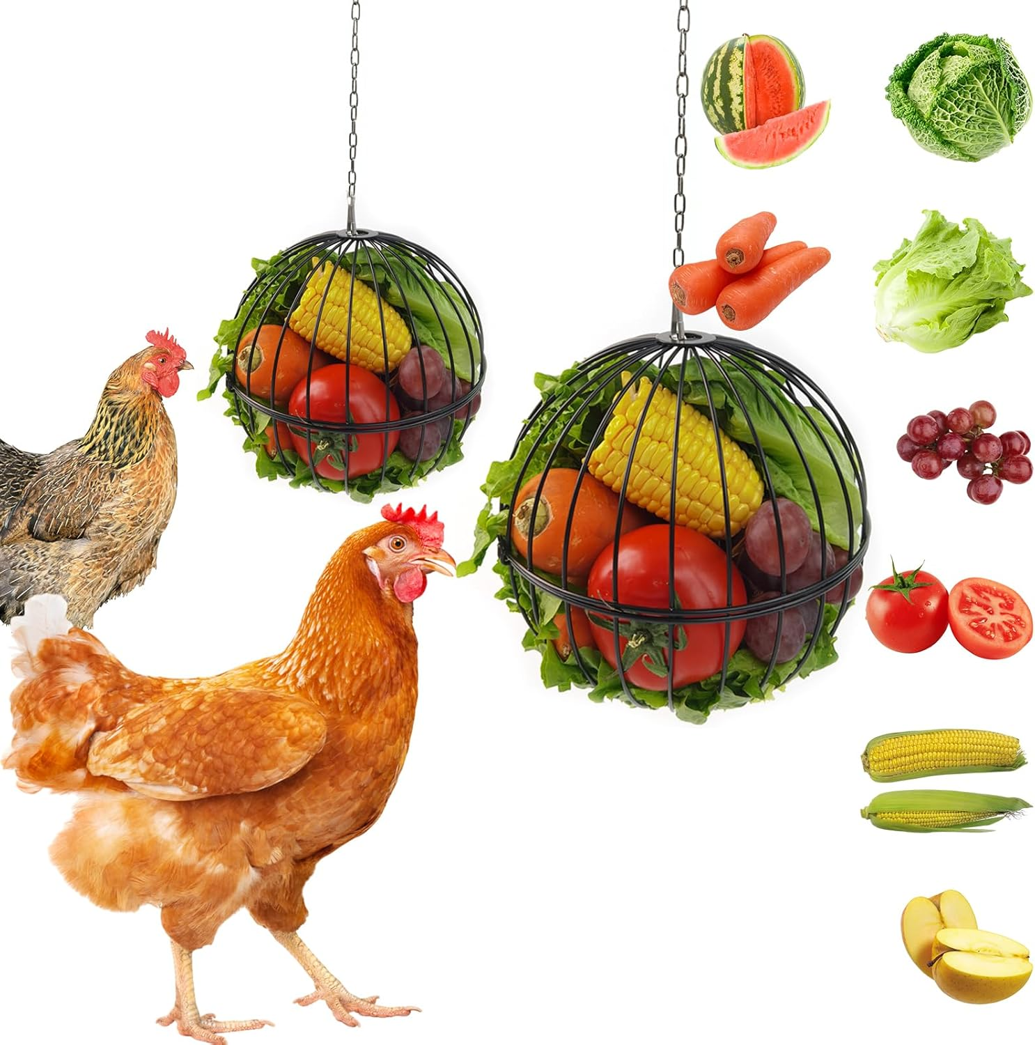 Hanging Chicken Feeder - 7.1 Inch Large Iron Chicken Veggie Treat Ball - Sturdy Chicken Treat Holder with 15.7 Inch Hanging Chain - White