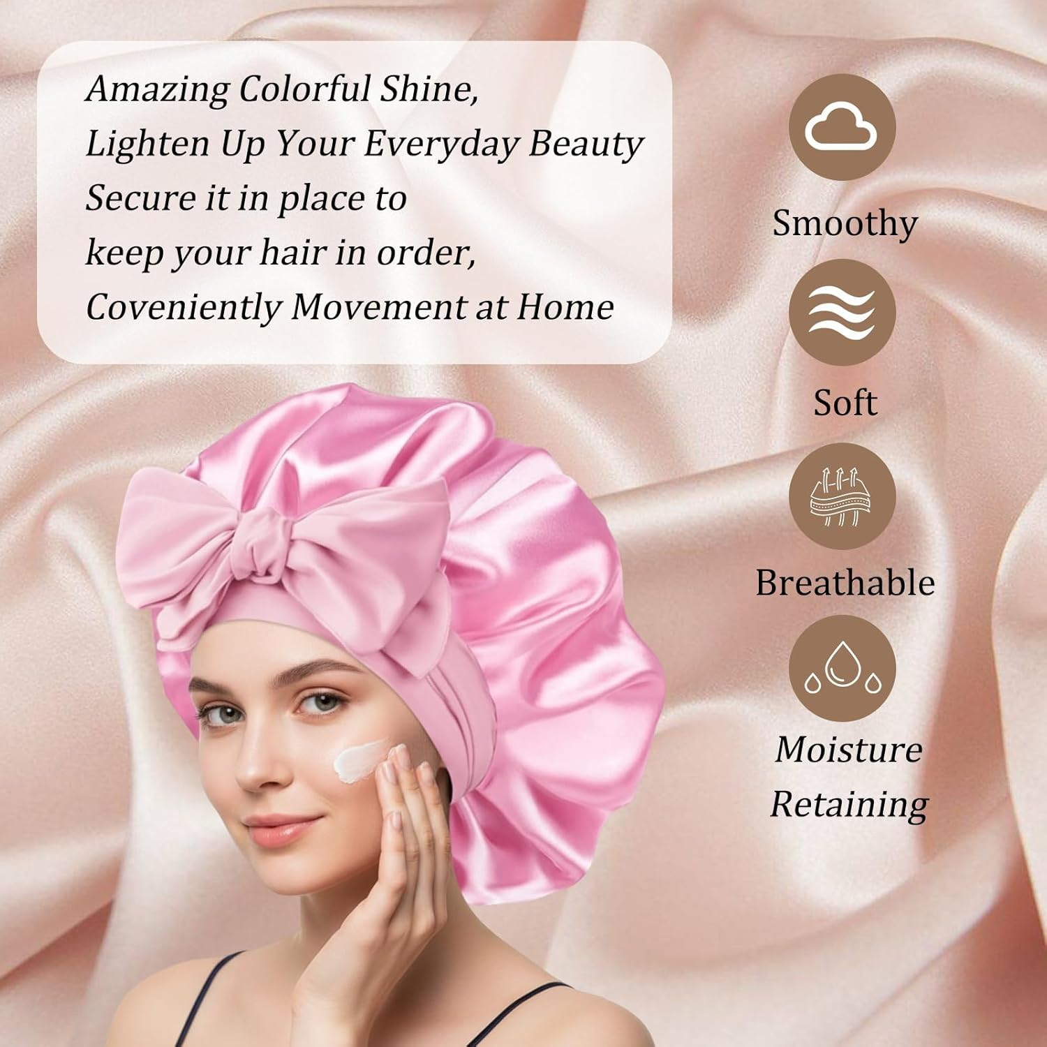 Silk Bonnet for Sleeping, 42Cm Large Size with Cross Design, Includes Pink Hair Tie, Ideal for Gym, Travel and Daily Use image number 4