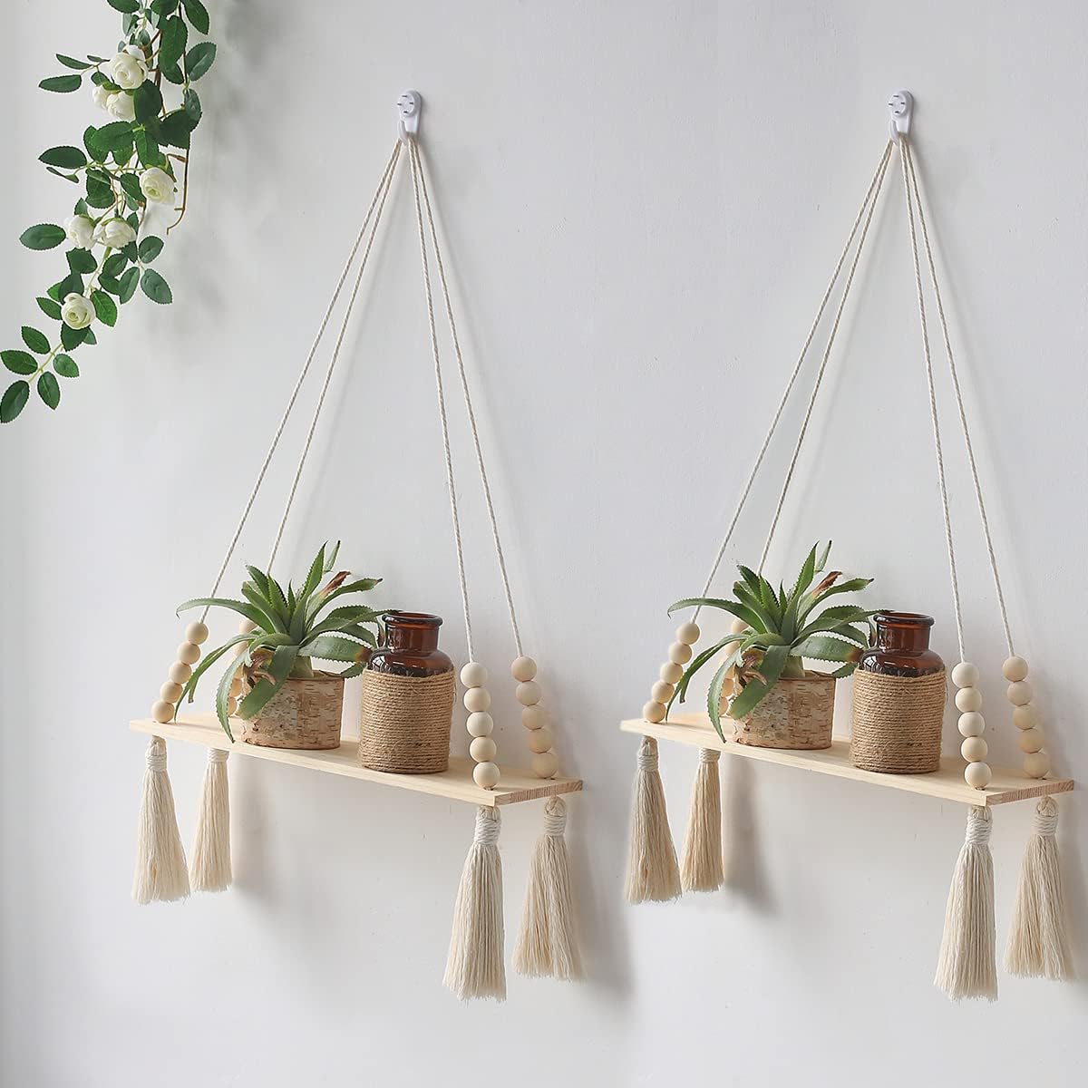 Artilady White Corner Floating Shelves Wall Hanging- Macrame 3 Tier Corner Shelf Plant Wall Decor Boho Rustic Wooden Storage Orgnizer for Bedroom Living Room Pots Photos
