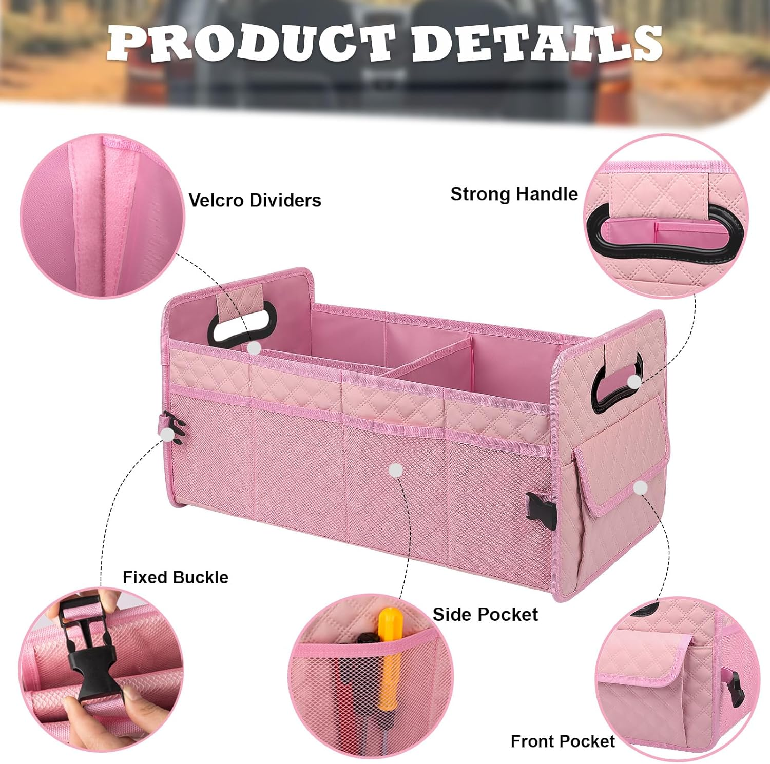 Jiatua Car Trunk Organizer for SUV, Car Storage Organizer Collapsible Multi Compartment Container Box, Adjustable Car Accessories for Women/Men, Pink image number 2
