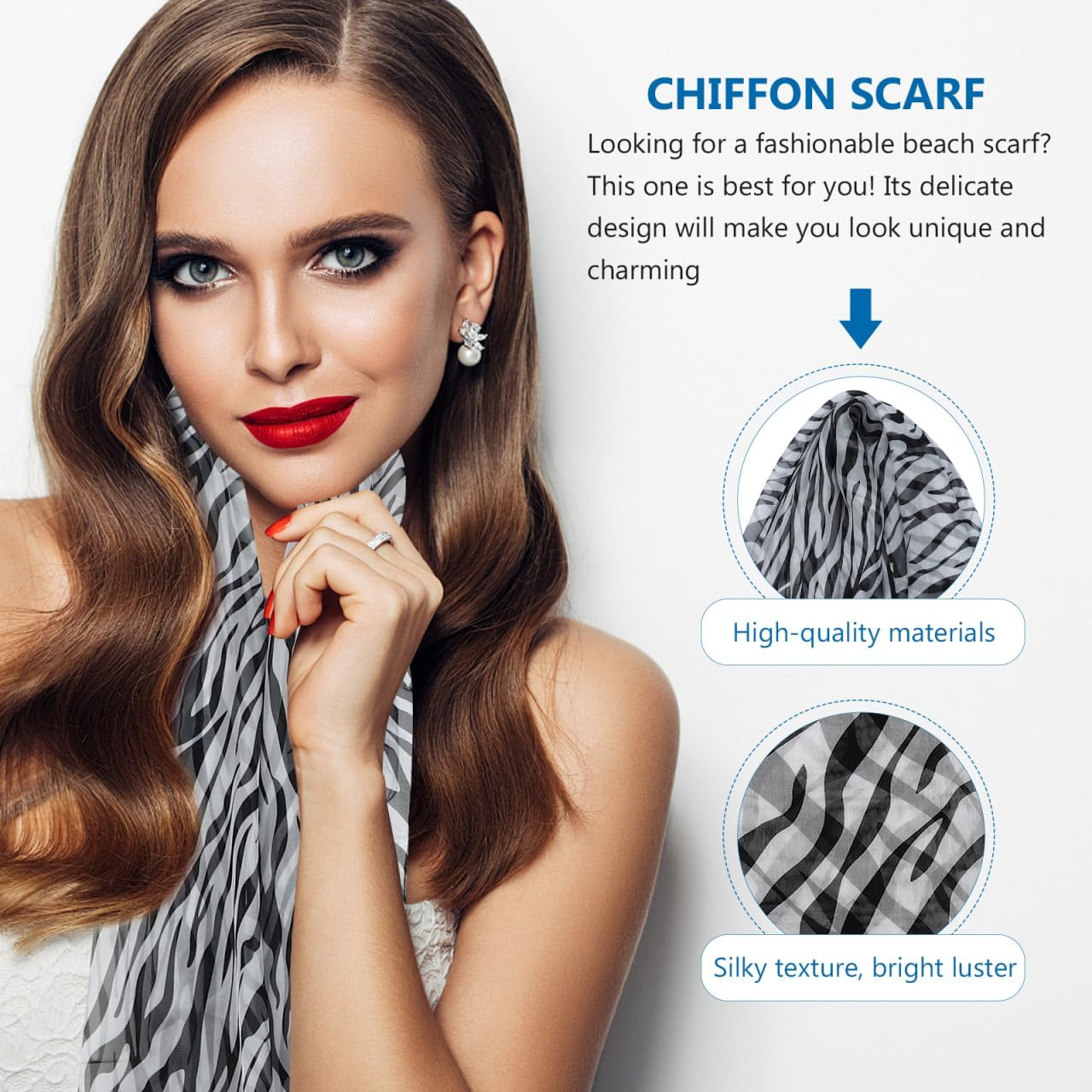 LIFKOME Zebra Pattern Chiffon Scarf Lightweight Decorative Zebra Print Beach Scarf Silky Texture for Comfortable Wear for Everyday Use and Outdoor Activities 190 * 130Cm image number 2