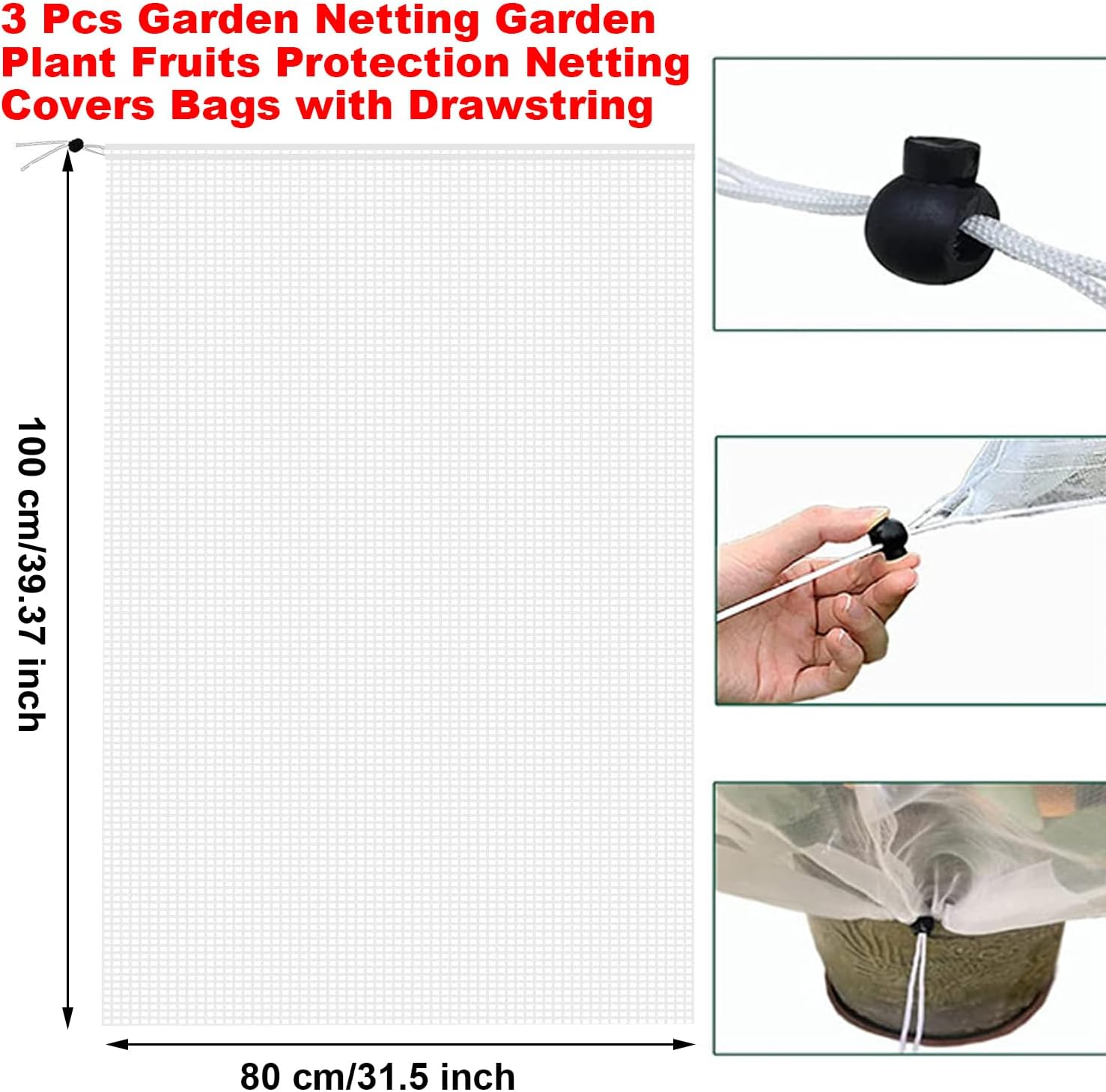 Garden Netting Garden Plant Fruits Protection Netting Covers Bags with Drawstring, 3 Pcs Insect Bird Barrier Netting Mesh Bags for Vegetables, 3.3 Ft X 2.6 Ft Garden Plant Netting Barrier Bags image number 5