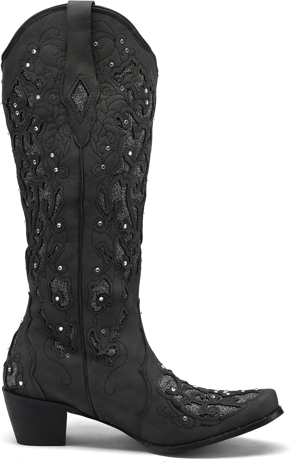 Sarairis Cowboy Boots for Women Cowgirl Boots Western Boots Chunky Heel Pointed Toe Pull on Rhinestones Embroidered Knee High Boots Mid Calf Boots image number 2