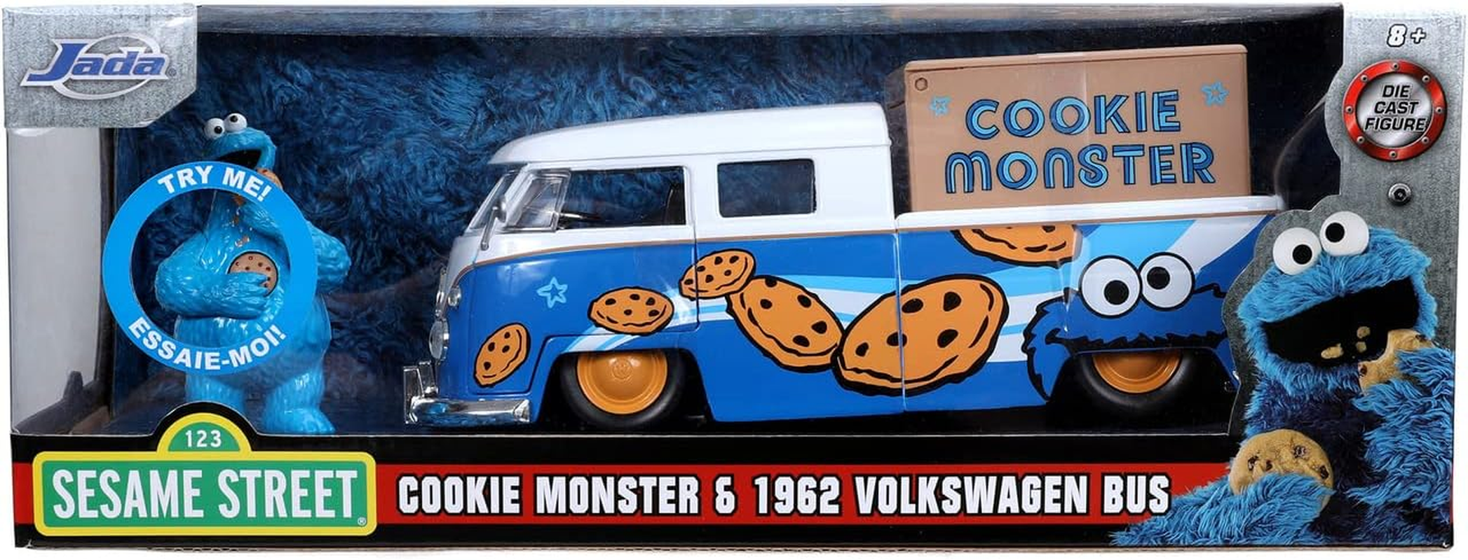 Jada Toys Sesame Street - 1963 1:24 Scale Die Cast Volkswagen Bus with Cookie Monster Figure
