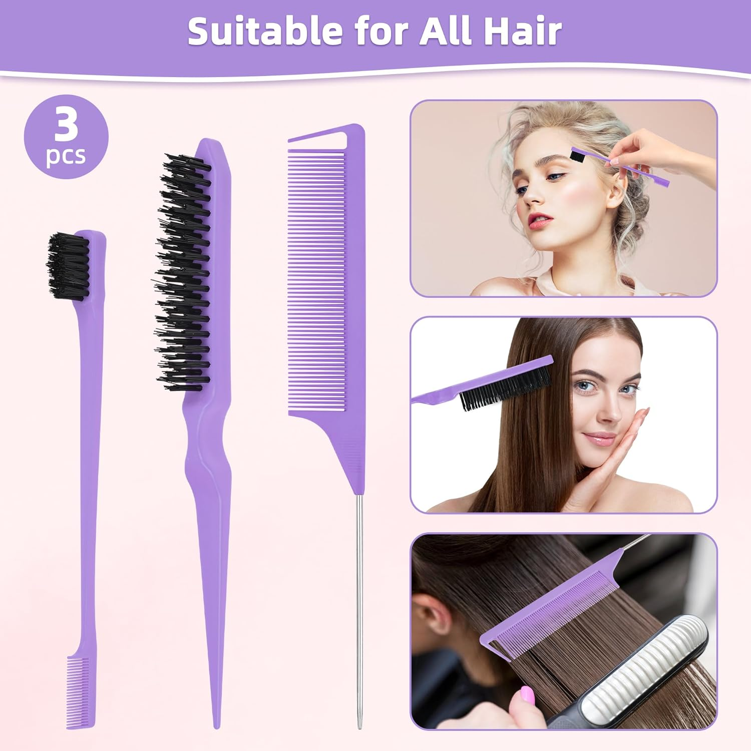 3Pcs Hair Dressing Stylings Tools, Teasing Brush Stainless Steel Rat Tail Comb Edge Control Hair Brush for Back Brushing, Combing, Braiding, Slicking Hair for Women - Purple-3 image number 6