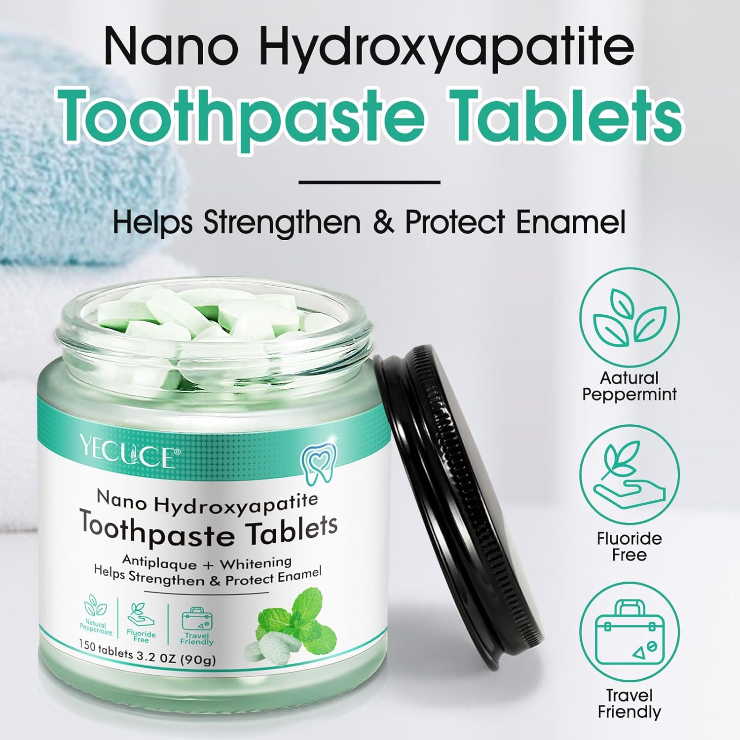Toothpaste Tablets 150 Counts, Sensitive Bites with Nano Hydroxyapatite, Travel Mouthwash Tablets Help Strengthen & Protect Enamel, Chewable Tablet (Peppermint) image number 3
