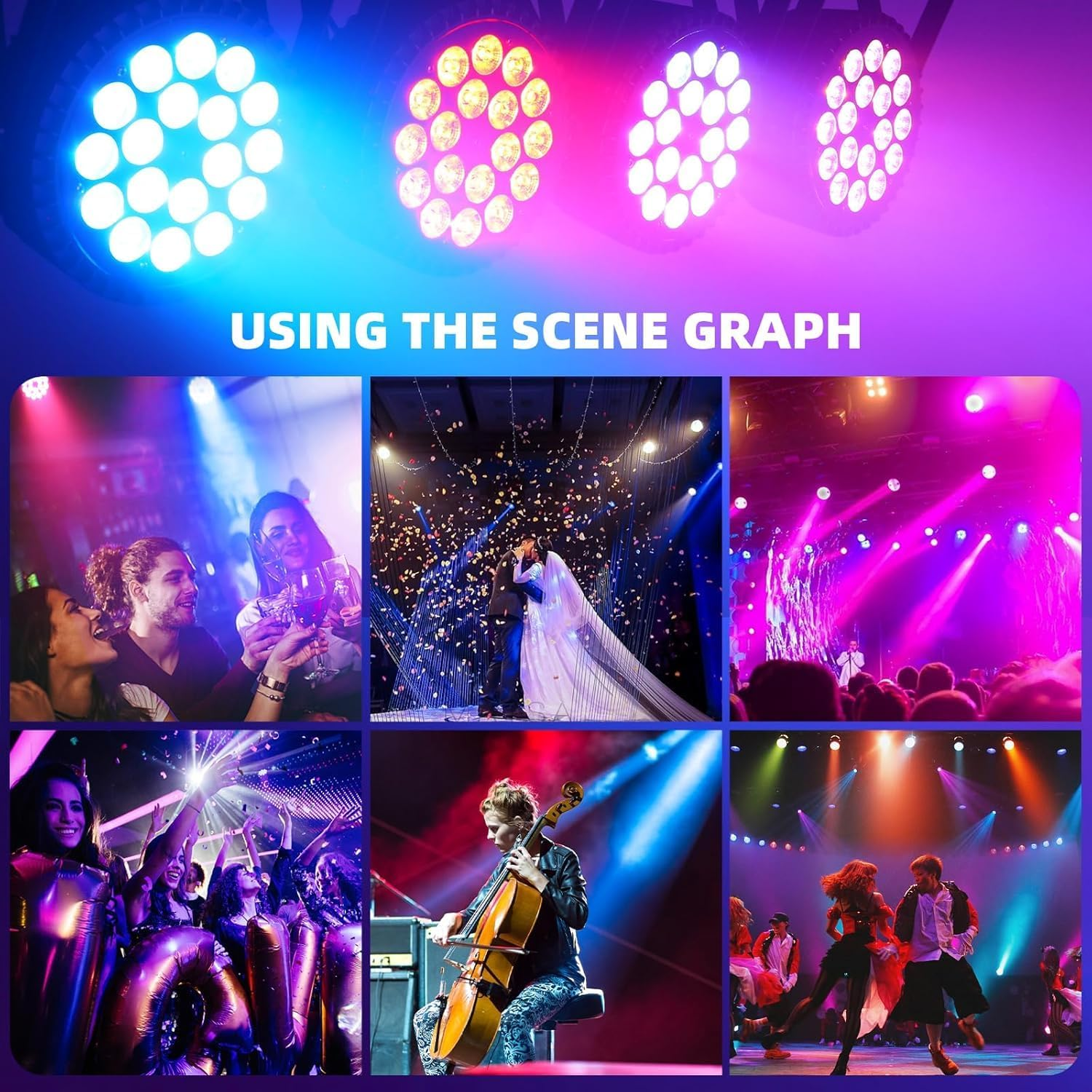 200W LED Par Lights RGBWA+UV 6-In-1 Stage Lights Par Can Lighting with DMX Control Sound Activated Uplights for Events DJ Wedding Party Church Live Show(4 Packs) image number 4