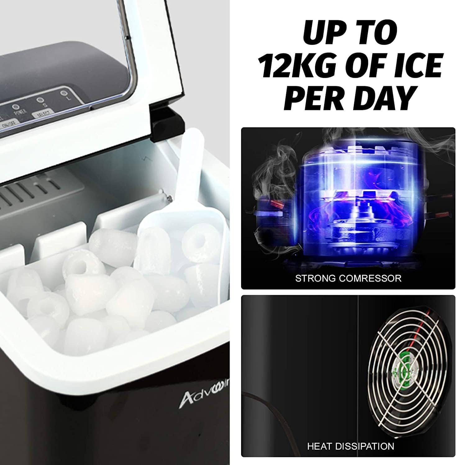 ADVWIN Ice Maker,12Kg Portable Ice Maker Machine Countertop, Commercial Ice Cube Maker for Home Bar - Black image number 5
