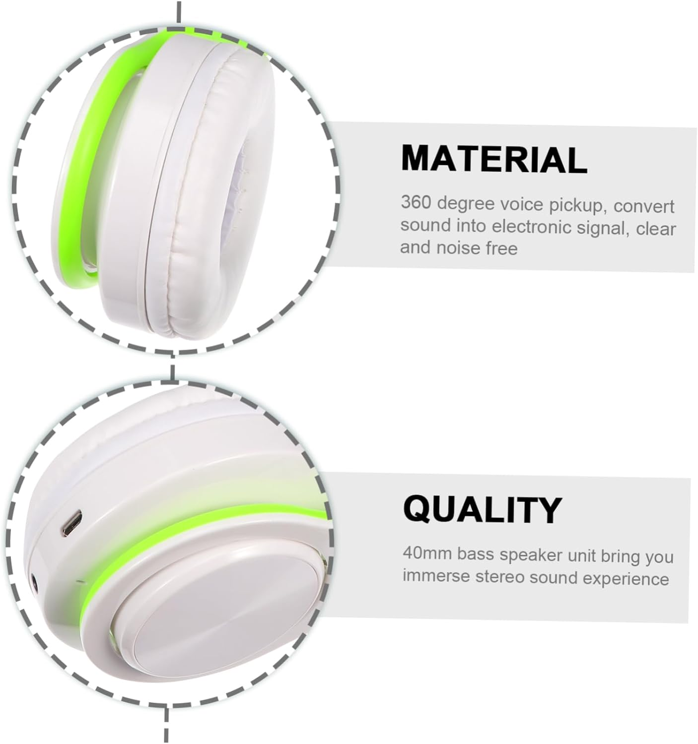 LIGIGWASH Foldable Wireless Over-Ear Headphones Adjustable Stereo Headset with Wireless Connectivity and Micro Memory Card Slot for Sports and Travel, Lightweight Green-White Design image number 3