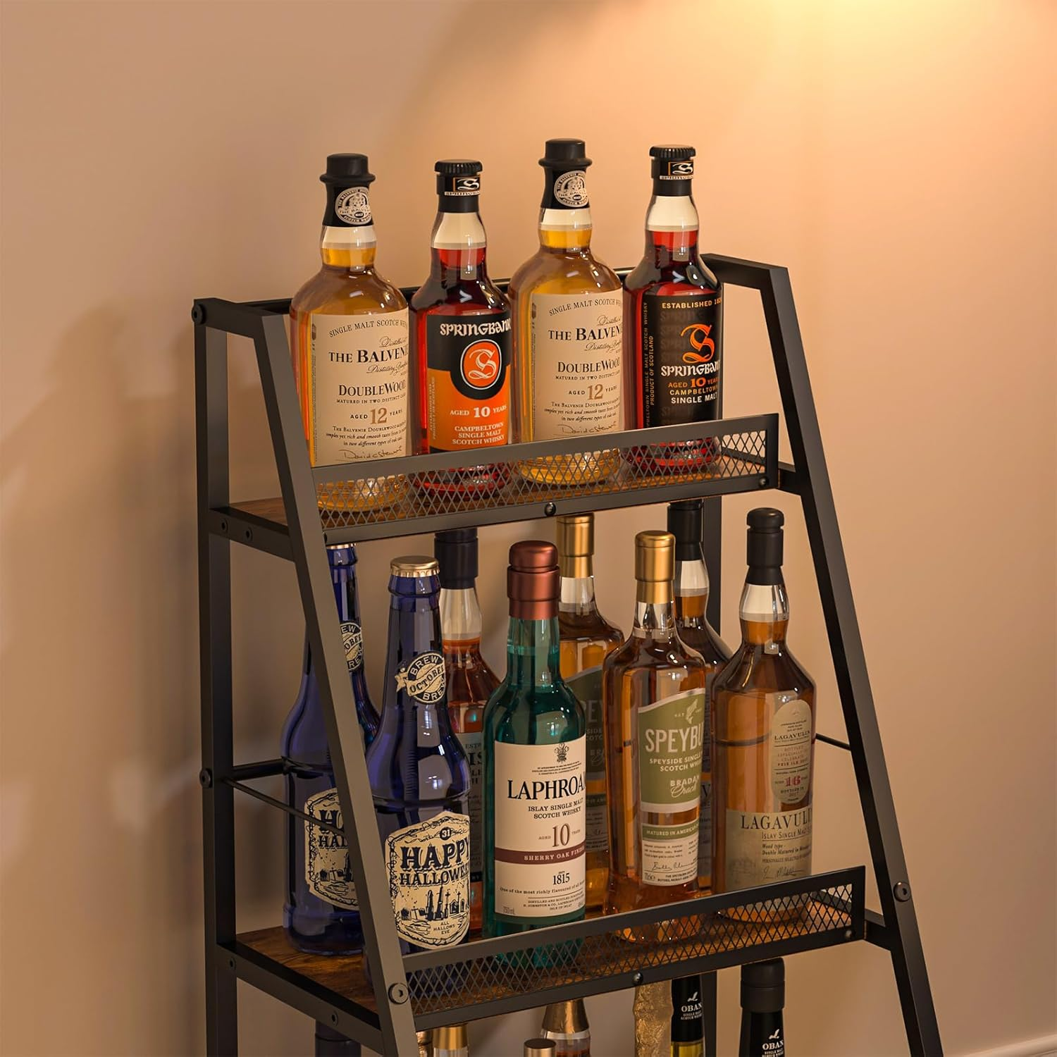 3-Tier Trapezoid Liquor Stand for Home Bar, Stepped Wine Rack Freestanding Floor for Liquor Whiskey Wine, Versatile Corner Wine Bottle Display Stand with Fences, Vintage Brown（Patent Pending） image number 1