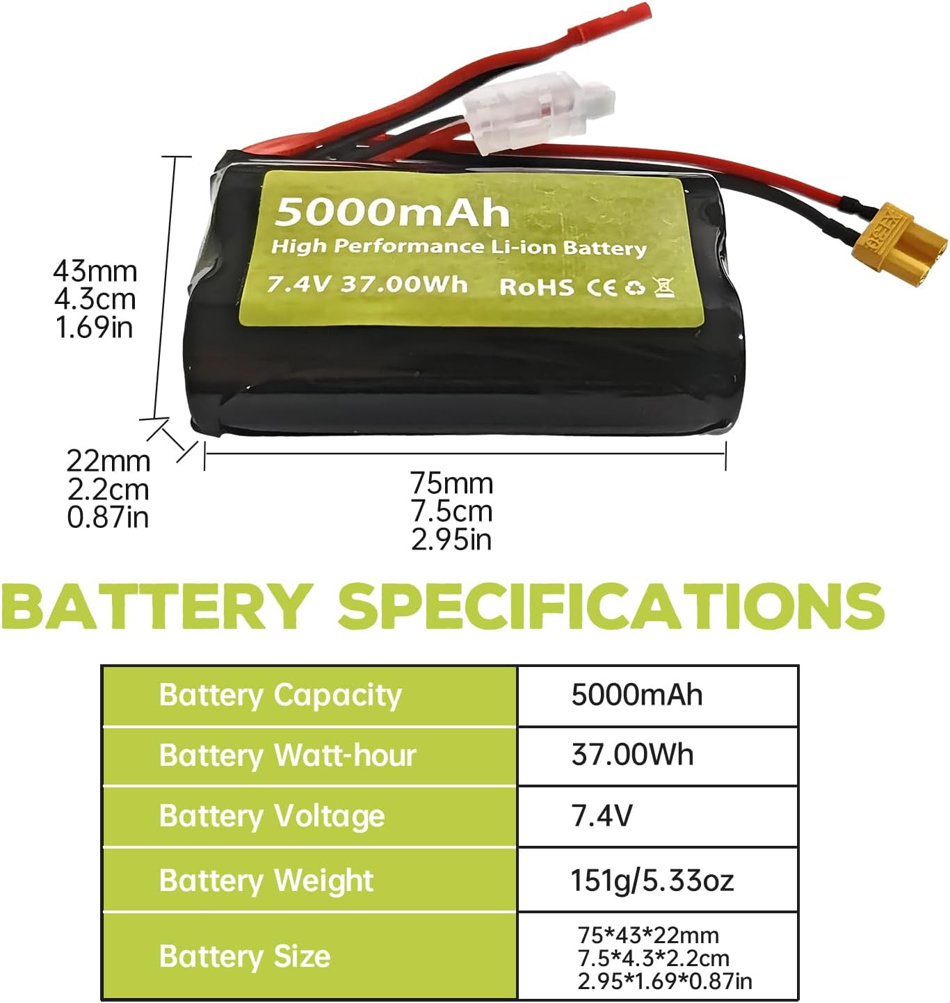 Fytoo 7.4V 5000Mah 2S Li Ion Battery with JST Plug and XT30 Plug with USB Charging Cable Suitable for TX16S, TX18S, RC4GS, RC6GS, TX12 RC Transmitter RC Car Truck Engineering Vehicle Battery image number 3