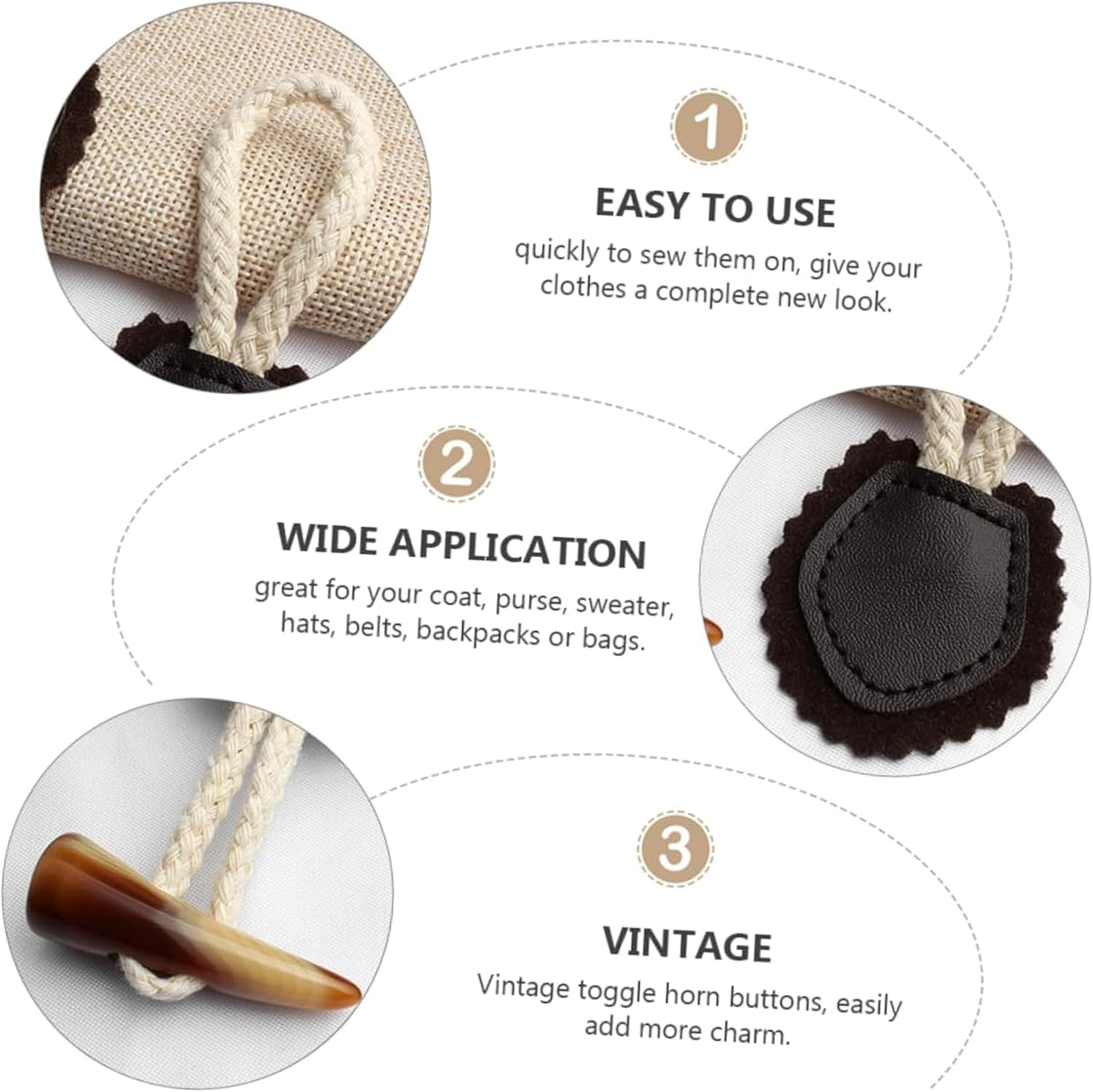 8 Sets Leather Sew-On Toggles Closures with Resin Horn Button Sewing Accessories,For Coat Clothing,Knitwear,Windbreaker,Padded Jacket,Down Jacket,Clothing Buttons Replacement Kit(3 Colors) image number 3