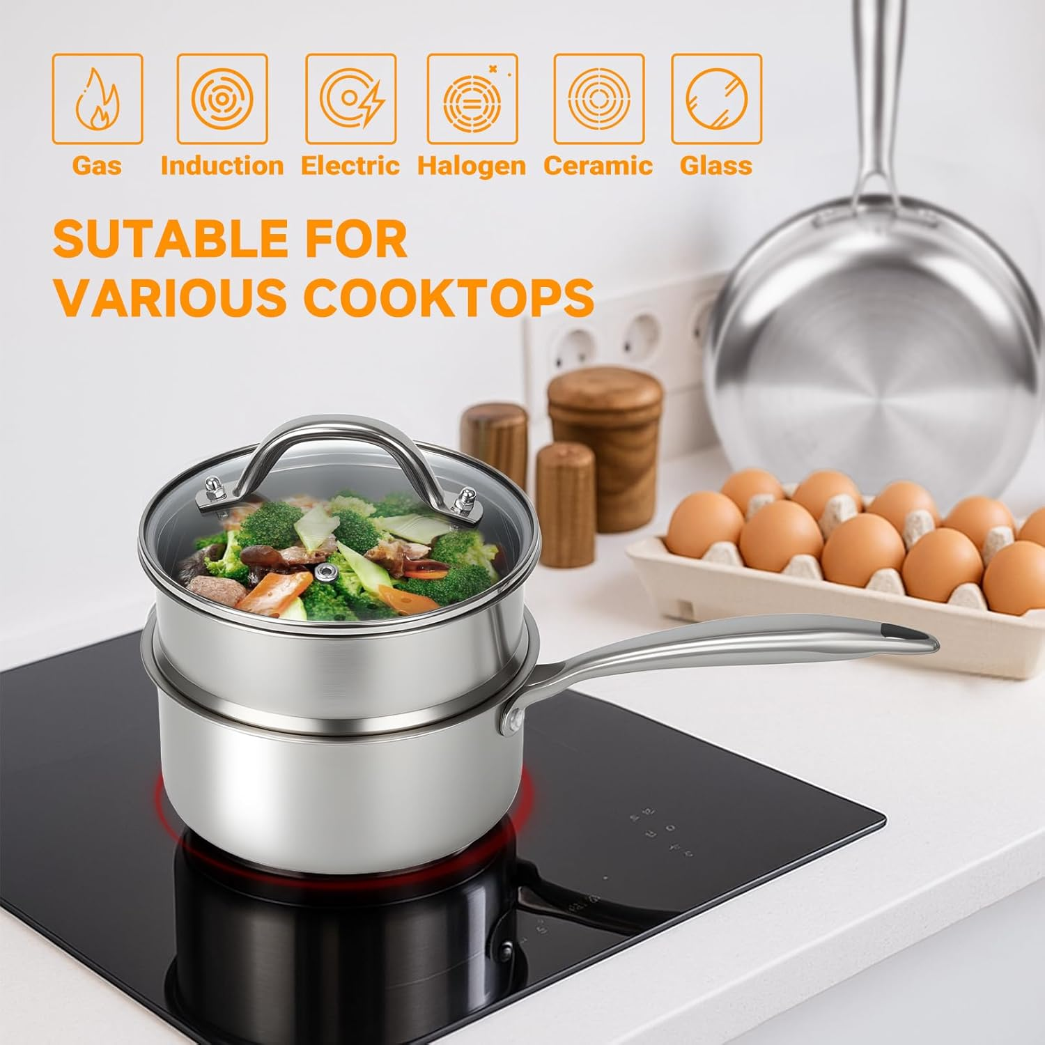 Shakico Stainless Steel Saucepan Pot - 1.5 Quart Tri-Ply Induction Cooking Pot with Vegetable Steamer Basket and Visible Lid, Saucepan Cookware, Sauce Pan for Boiling Milk, Pasta, Sauces, Grains