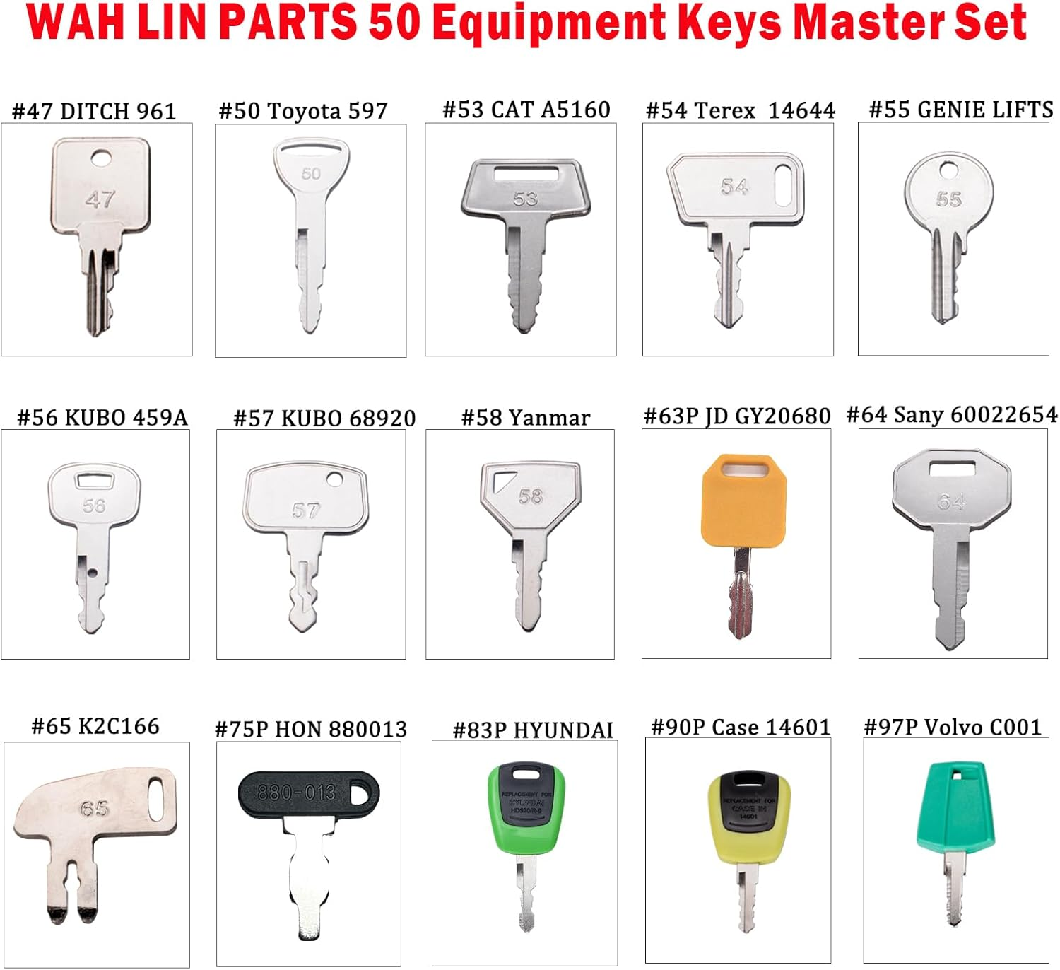 50 Universal Ignition Starter Keys &ndash; Excavator Heavy Machinery Key Set for Cat Caterpillar Case JD JCB Hyster Komatsu Kubota Volvo & More &ndash; Fit Agricultural, Diggers, Forklifts
