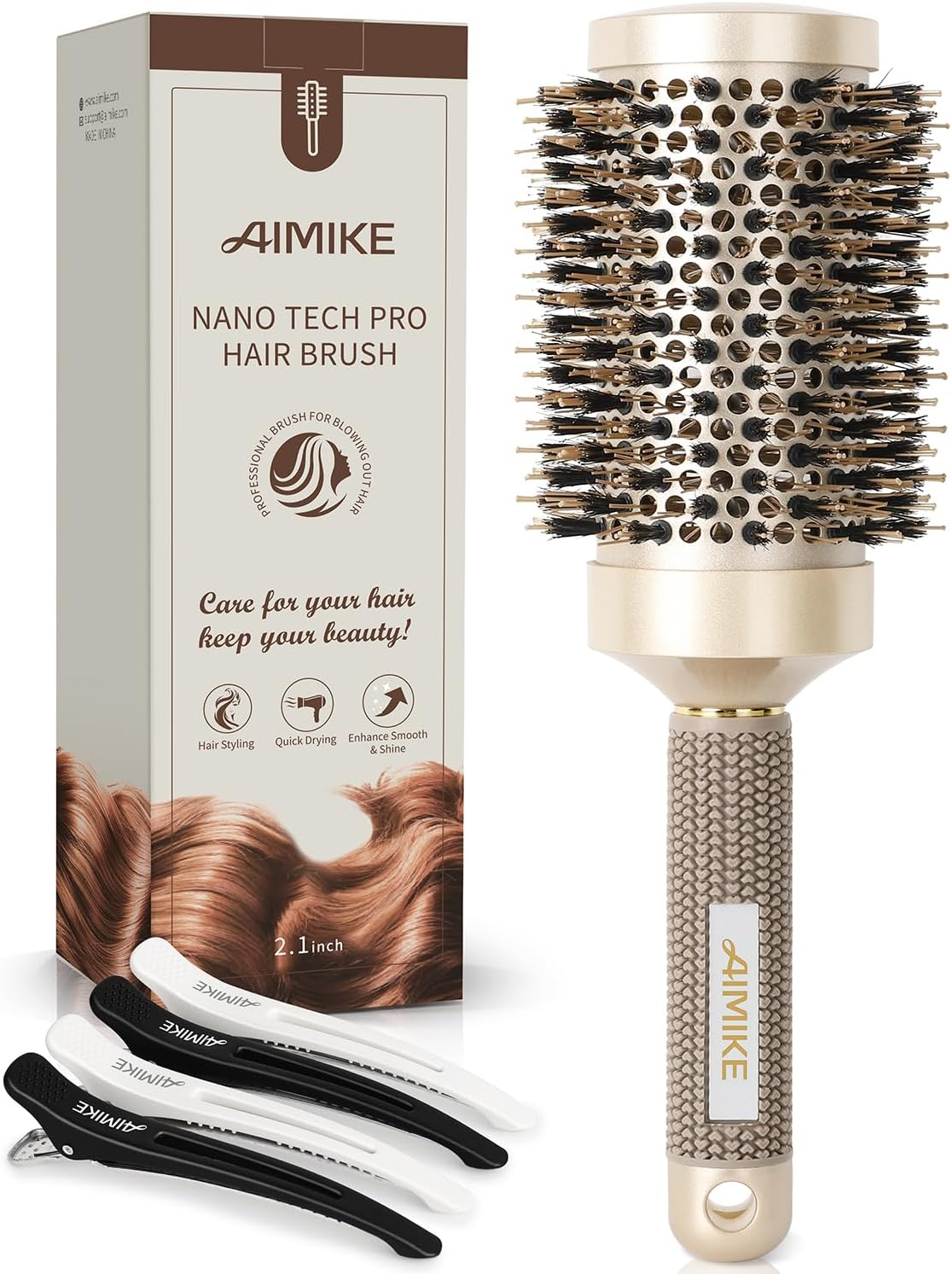 AIMIKE round Brush, Nano Thermal Ceramic & Ionic Tech Hair Brush, round Barrel Brush with Boar Bristles, Enhance Texture for Hair Drying, Styling, Curling and Shine (Barrel 2.1 Inch) + 4 Free Clips By image number 2