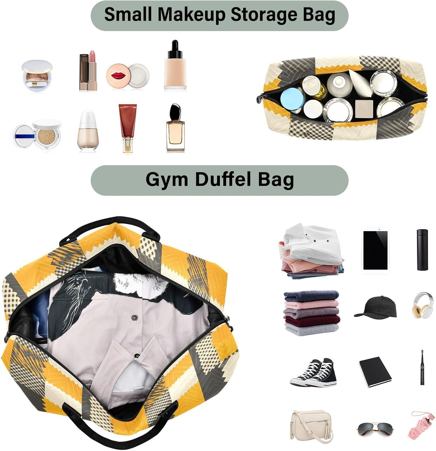 WOIWB Yellow Plaid Duffel Bag for Travel Gym Sport, Weekender Travel Bags Carry on Overnight Bag