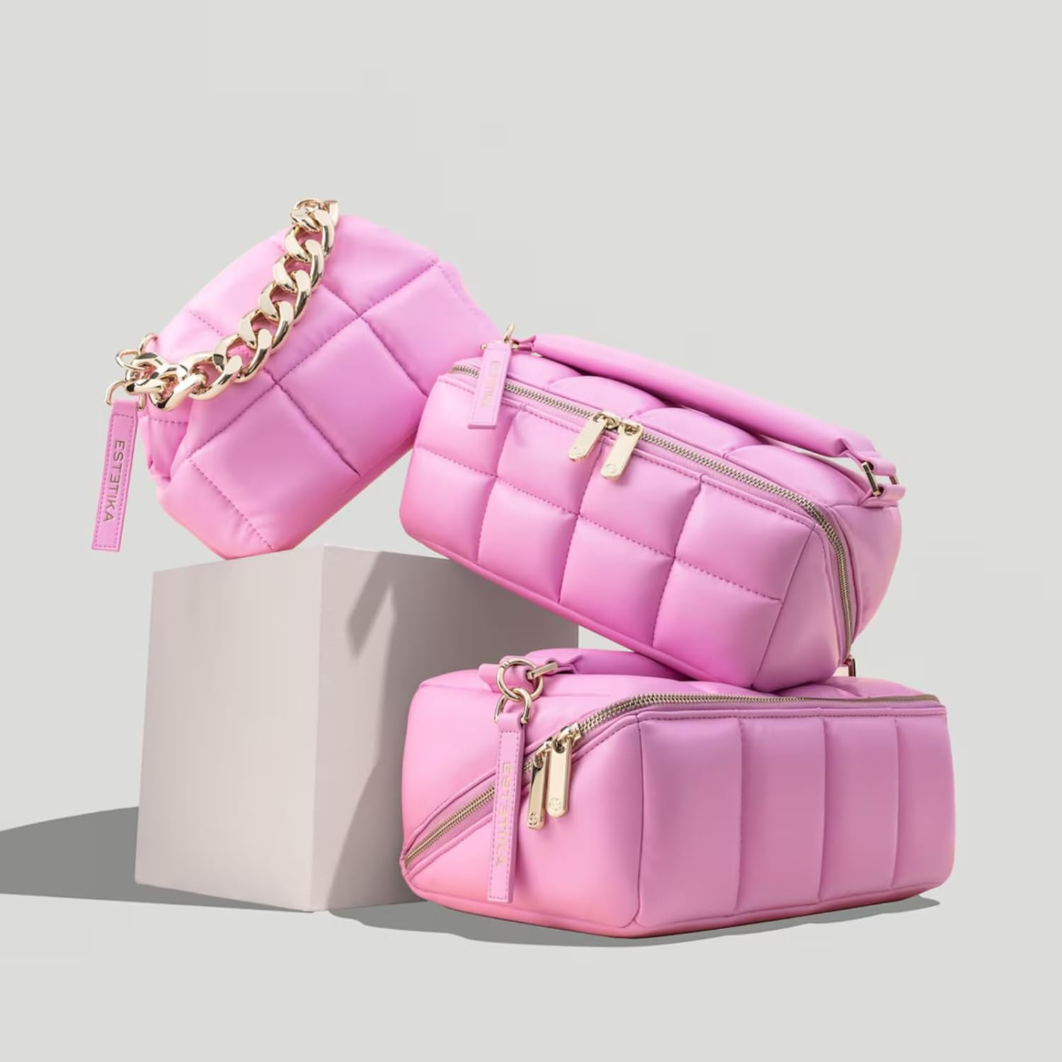 Estetika the Homee Pink Cube Makeup Bag | Award Winning Organizer for Women Large Capacity Travel Case Flat Base, Zip Pockets, Elastic Bands for Beauty Essentials Stylish Storage Pouch 12"L 6"H 5.2"W, image number 5