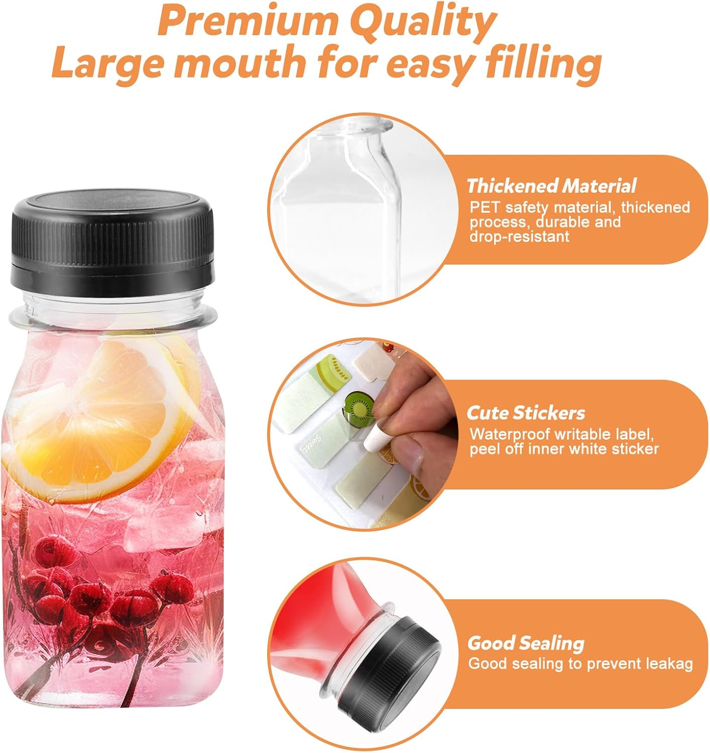 HXC Juice Bottles - 12 Pack 4Oz/120Ml Reusable Plastic Shot Bottles with Lids for Smoothie, Milk, or Juice Drinks - Includes Fruit Stickers image number 2