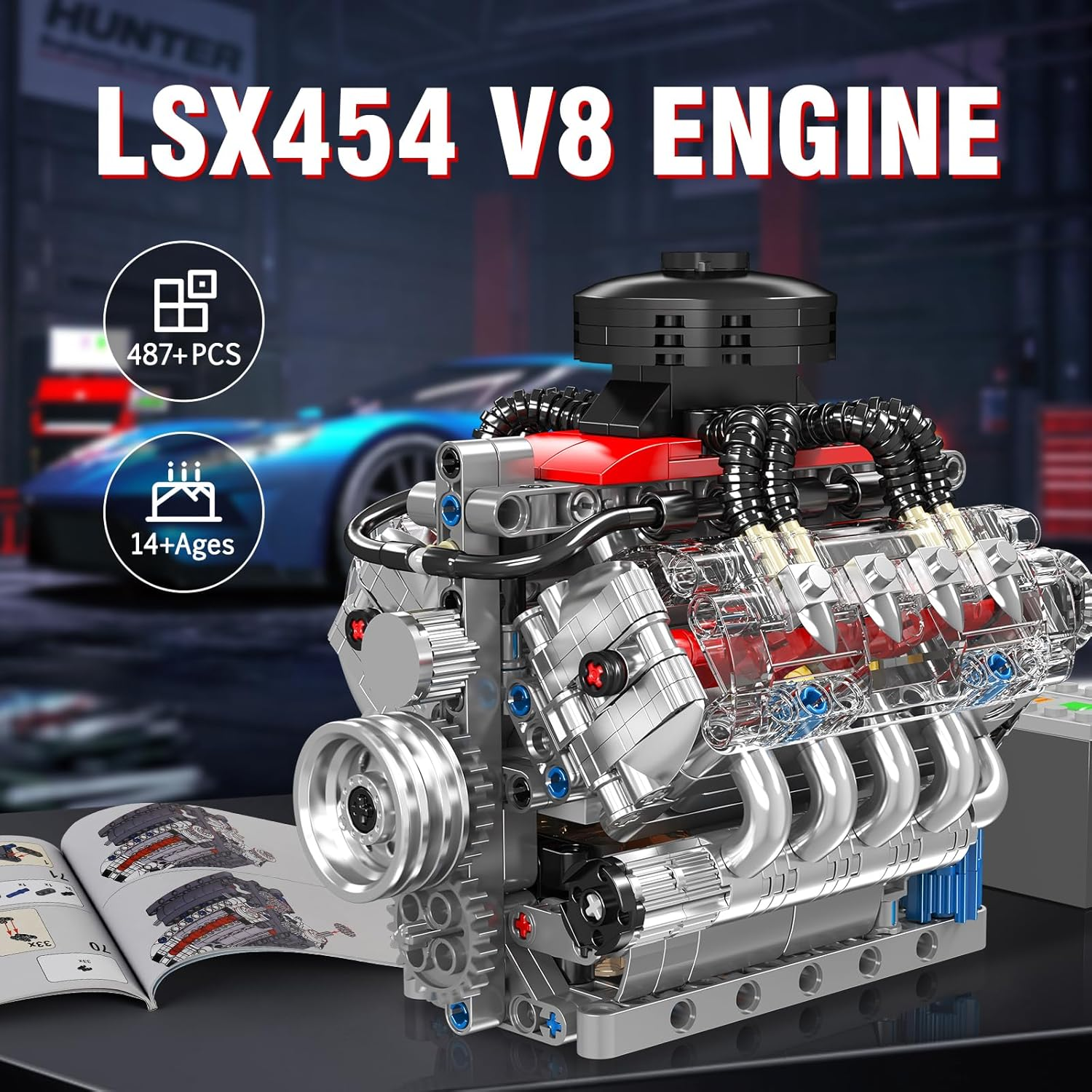 Mould King 10171 V8 Engine Car Building Kit - LSX454 V8 Engine Model Kit That Works with Motor (487 Pieces) - Collectible STEM Toy for Kids & Adults 8+
