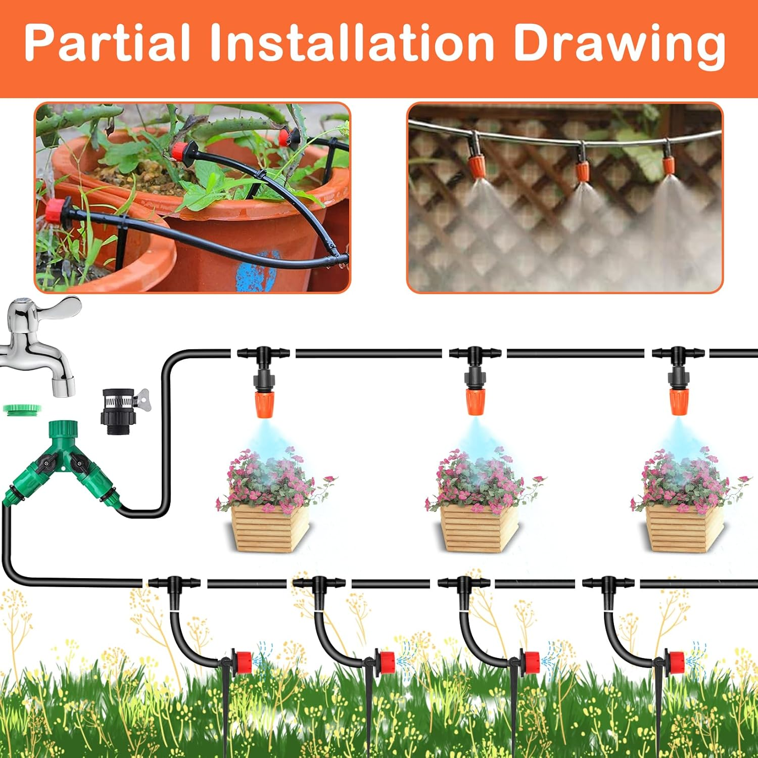 Garden Irrigation System, 164FT/50M Drip Irrigation Kit, DIY Saving Water Automatic Irrigation Equipment Set for Garden, Greenhouse, Lawn, Patio (200PCS + 50M Hose)