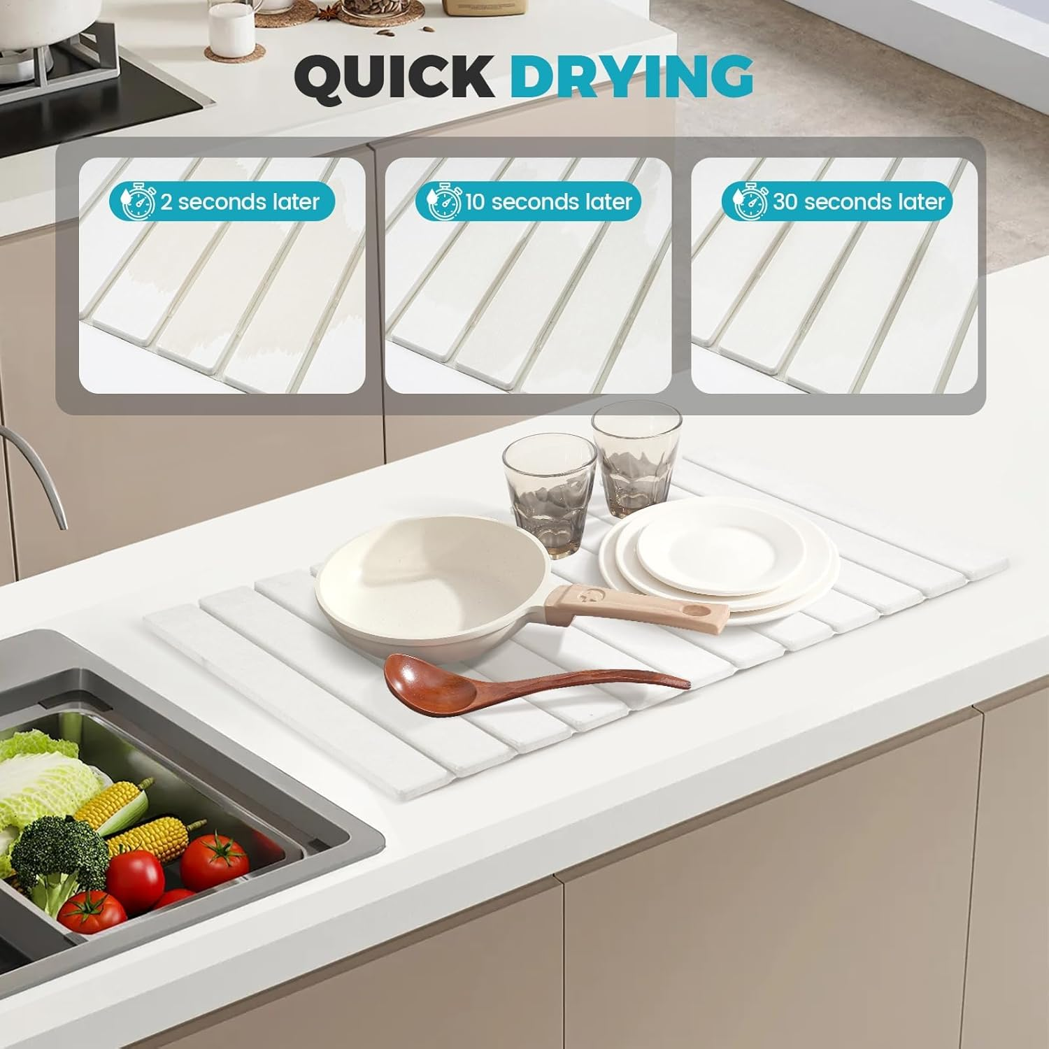 Diatomaceous Earth Dish Drying Mat, 60*40Cm Stone Drying Mat, Diatomaceous Earth Mats, Stone Dish Drying Mat, Environmentally Friendly Quick-Drying, Suitable for Tableware, Bottles, Cups image number 3