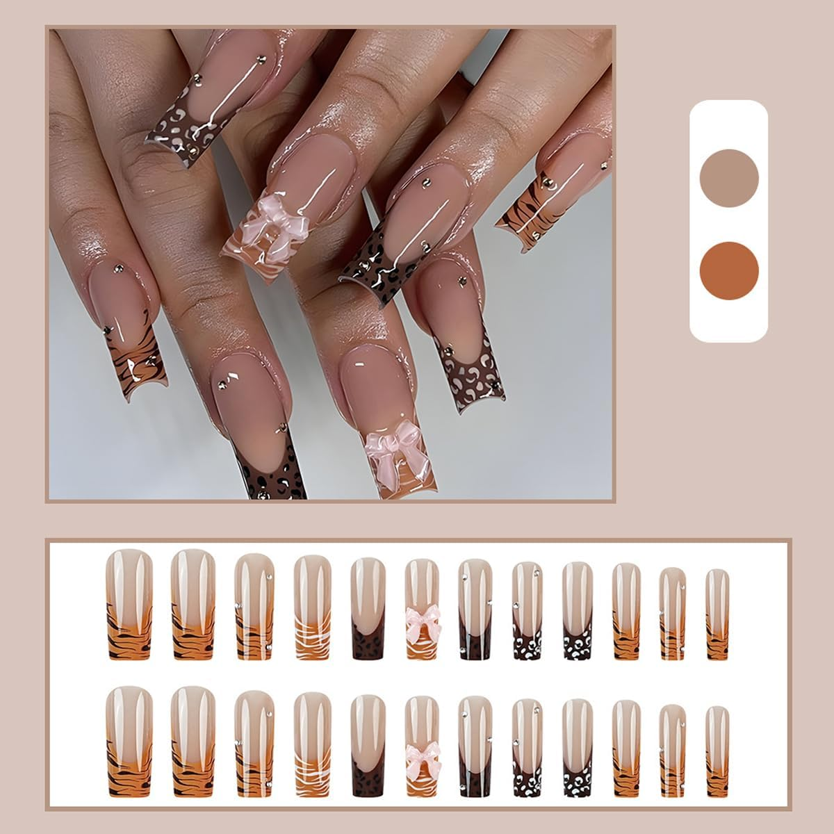 Press on Nails, Bow Leopard French Fake Nails, Artificial Nails for Women and Girls -24 Pc image number 2