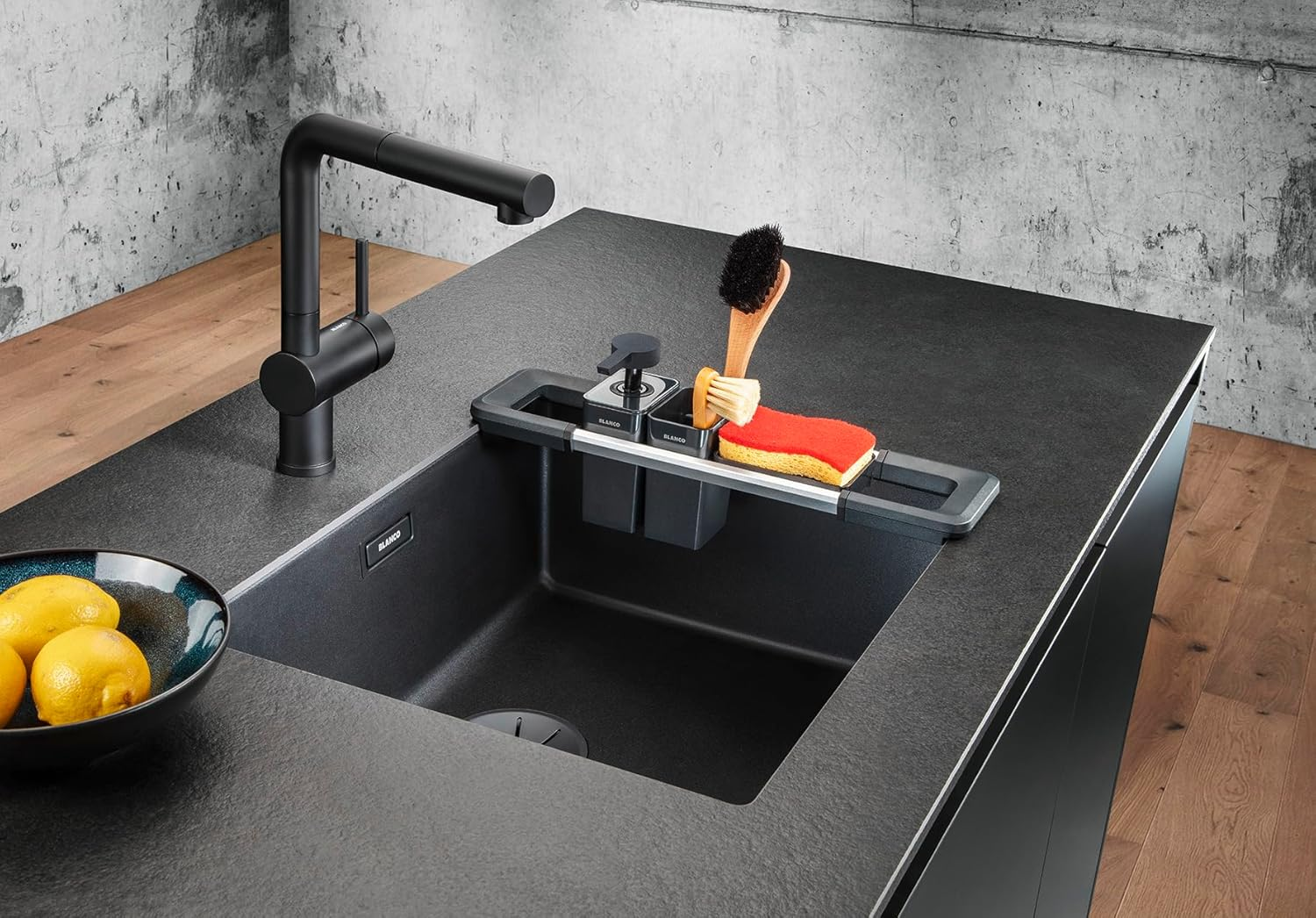 BLANCO Worktop Organiser Main Set | Extendable Rail 396-440 Mm for Sinks | Kitchen Utensils Perfectly Organised | Soap Dispenser for Washing up Liquid, Cleaning Container & Drip Tray