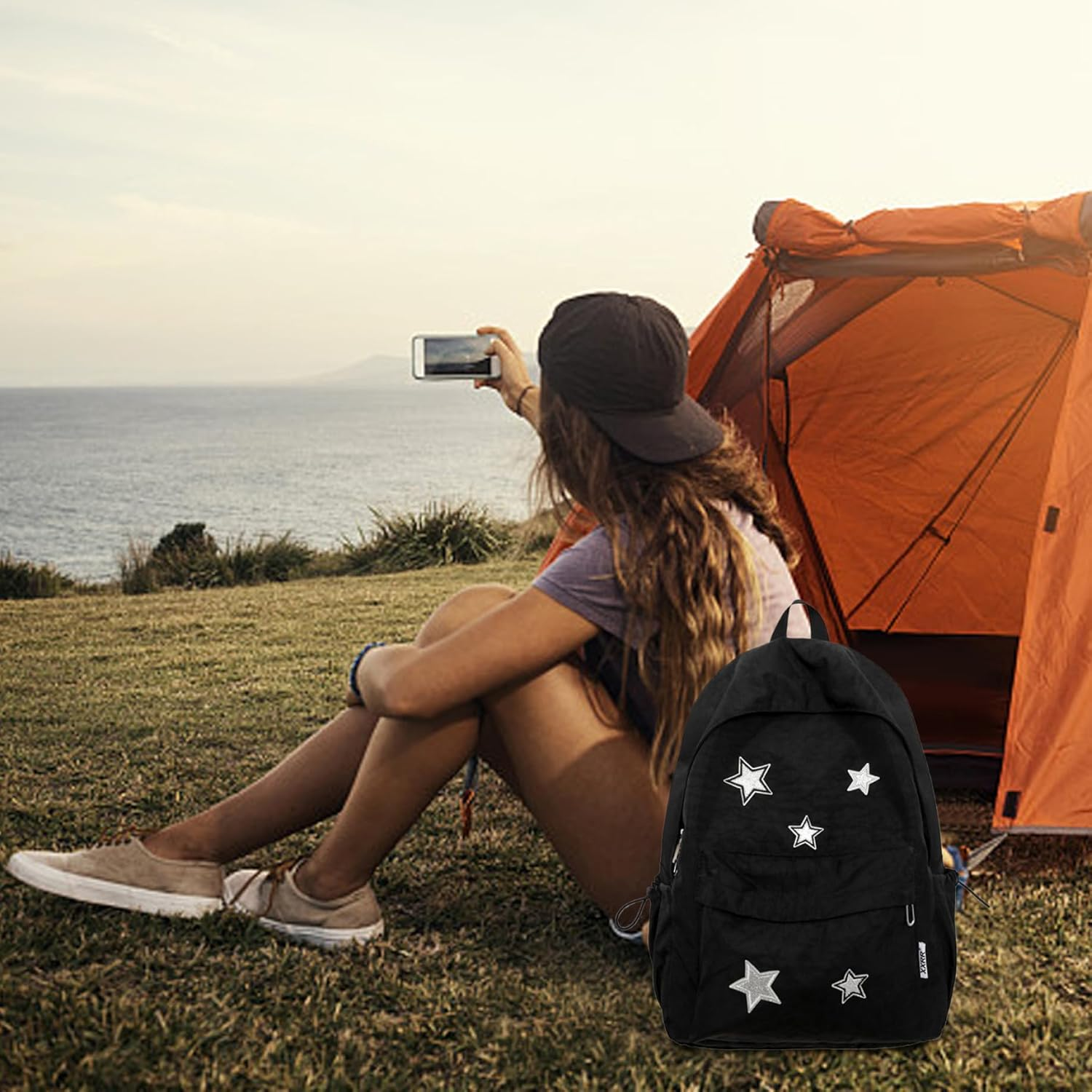 Star Backpack Y2K Backpack Large Capacity Star Canvas School with Smooth Zipper & Front Pocket Book Bags Black Laptop image number 6