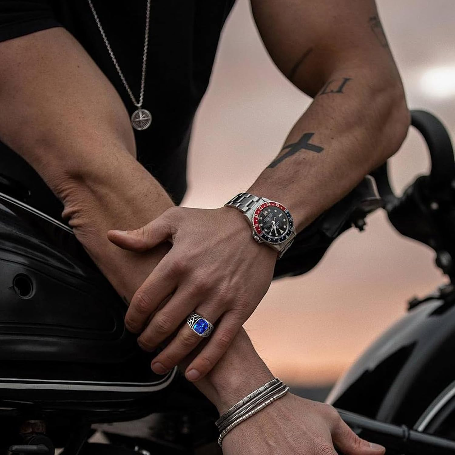 LIAN Mens Black Onyx Sapphire Rings Stainless Steel Square Agate Signet Rings for Men Pinky Thumb Ring Band for Dad Father Handmade Engraved Jewelry Men Boys - 12, Blue image number 4