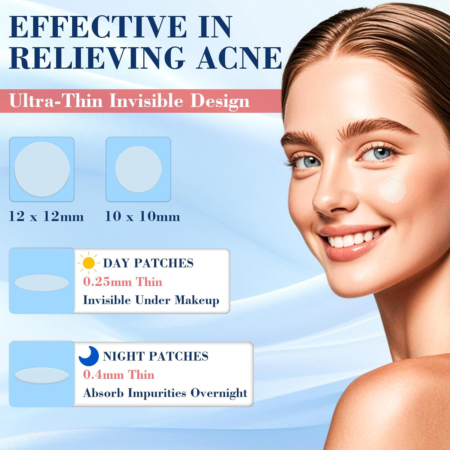 Prowithlin Pimple Patches, Invisible, Fast Absorbing Patch Acne for Day & Night Use, Acne Patch for Skin Care Clearer, Gentle Hydrocolloid Patches Acne, 252 Count, 2 Size（10Mm & 12Mm）