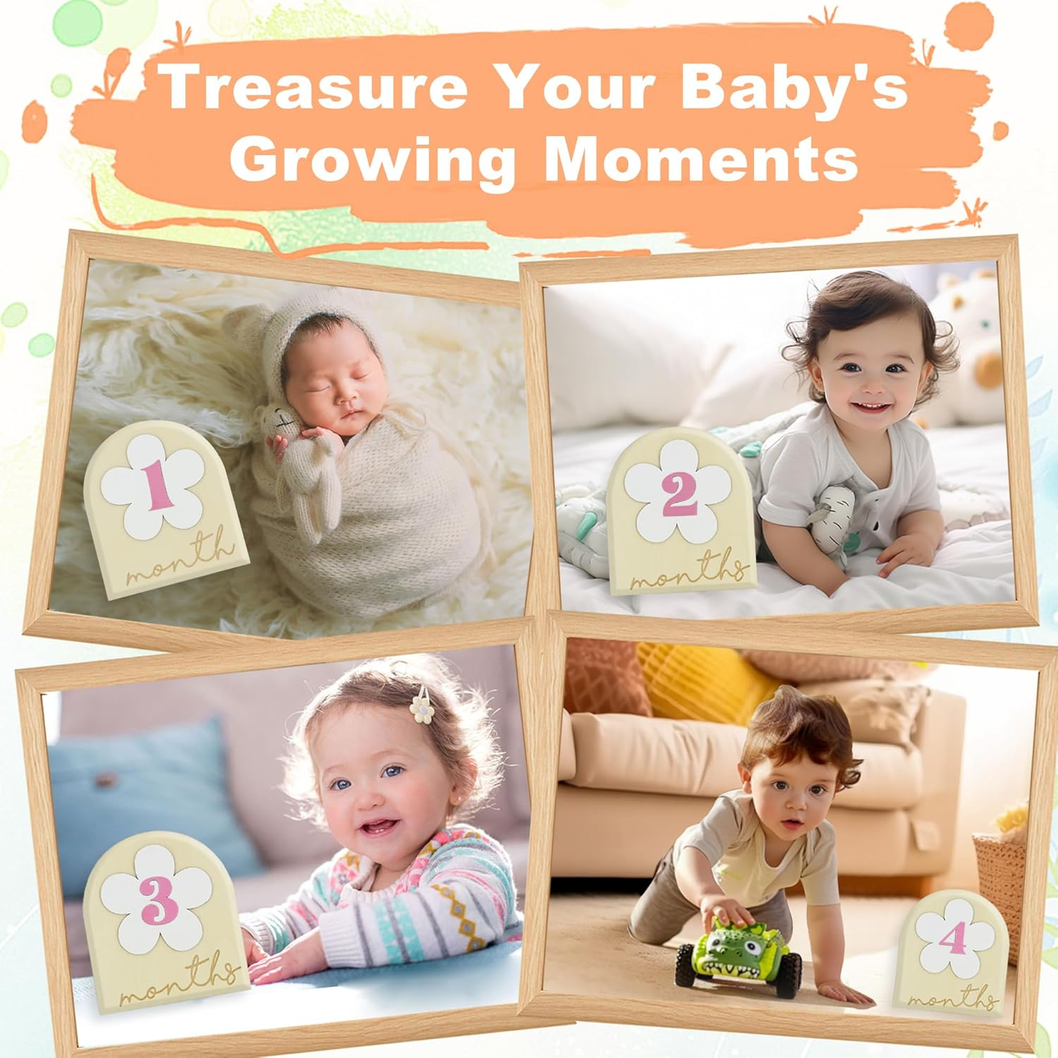 Flower Monthly Baby Milestone Cards, 1-12 Months Interchangeable Month Baby Milestone Signs, Months Baby Milestone Wooden Circles, Baby Announcement Sign, Newborn Photo Props (Wooden) image number 5