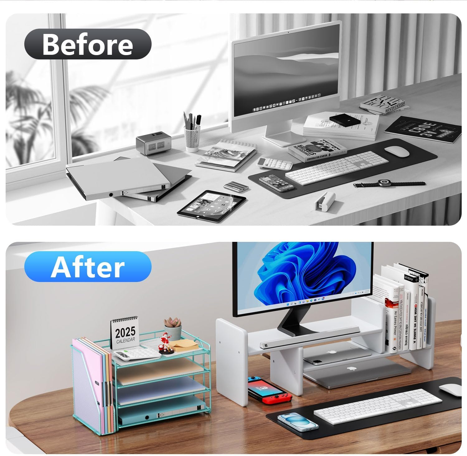 Gianotter 4-Tier Paper Organizer with Magazine Holder, Desk Organizers and Accessories, Desk Accessories & Workspace Organizers, File Organizer for Office Supplies Storag (Blue, 4-Tier) - Black image number 2