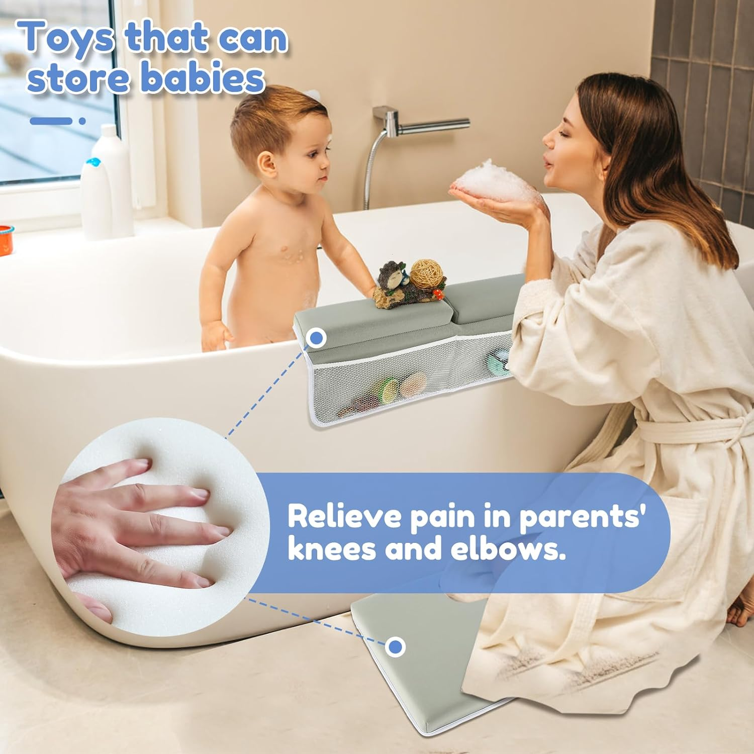 Bath Kneeler and Elbow Rest Pad Set, Comfortable Foam Thickest Bathtub Kneeler Pad with 4 Organizer Pockets, Anti-Slip Bath Tub Elbow Pad, Washable Baby Bath Cushion Bath Kneeling Pad for Bathroom image number 2