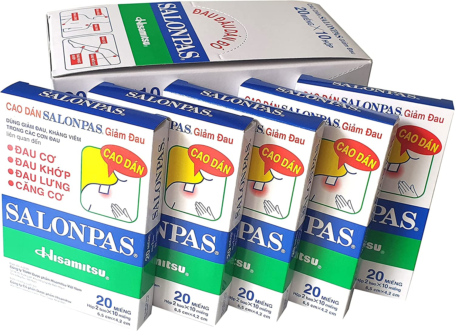 Hisamitsu Salonpas Pain Relief Patch 10 Packs 200 Patches per Box, Relieves Pains Aches Associated W Back Pain, Shoulder Pain, Muscle Pain, Arthritis, Bruises, Sprains, Fever, Toothache, Migraine image number 1