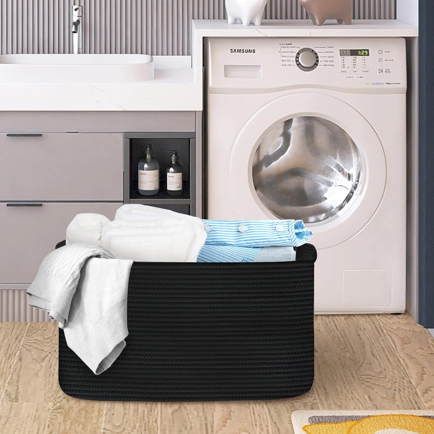 HONCESTA Extra Large Black Basket, 22" X 17" X 12" Rectangle Woven Storage Container, Soft Cotton Rope Kids Room Toy Box Bins, Big Wicker Organizer for Blankets, Pillows, Laundry - Black image number 3