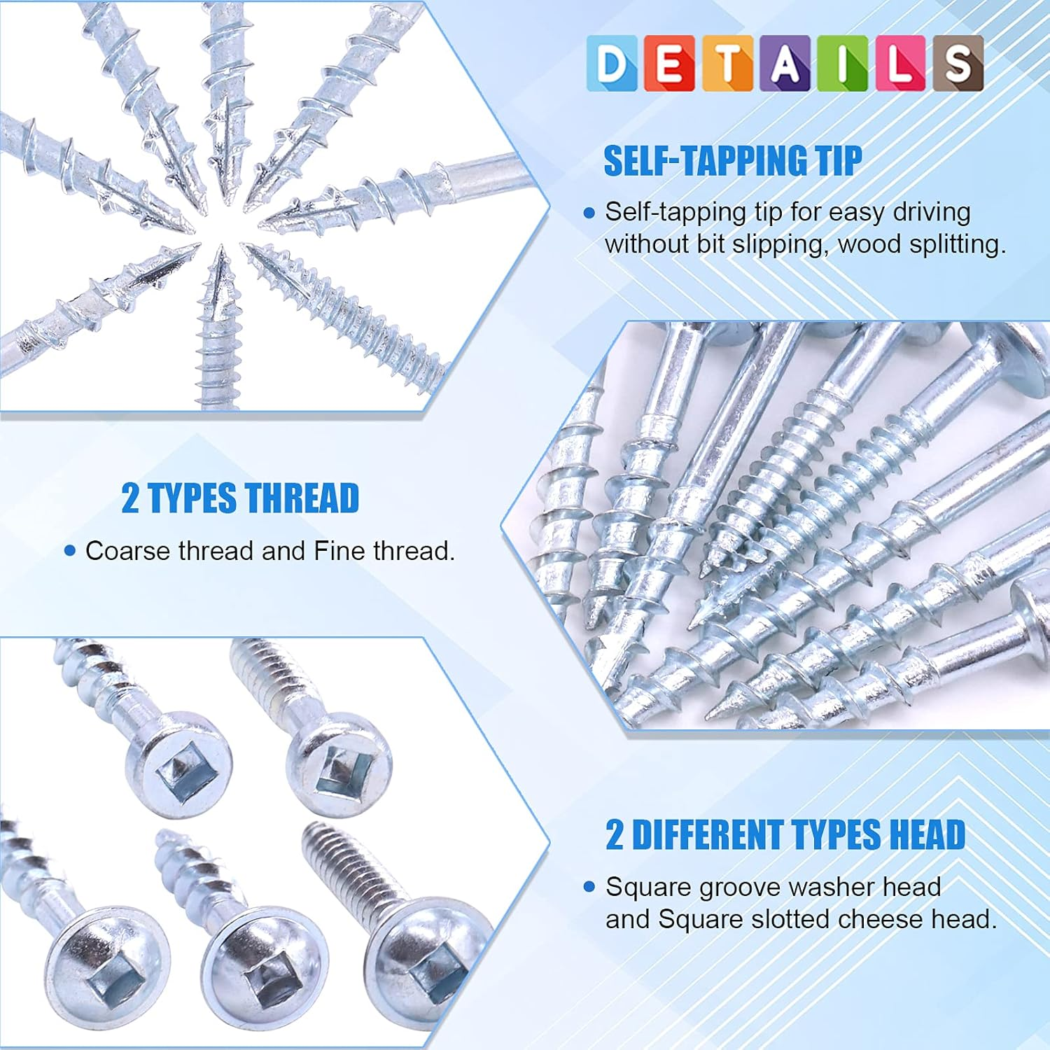 Glarks 280Pcs #8X1-1/2'' Pocket Hole Screws Zinc Coated Square Drive Self Tapping Coarse Thread Wood Screws for Wood and Sheet Metal (#8X1-1/2'' Coarse Thread) image number 5