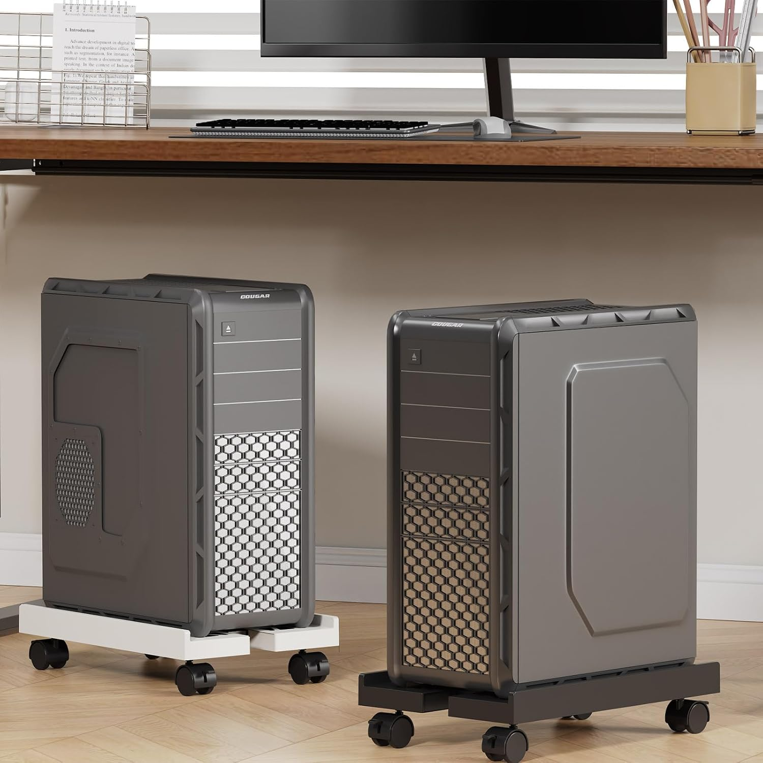 PC Stand, Adjustable Mobile CPU Tower with Rolling Caster Wheels, Heavy-Duty Desktop Riser for Gaming Desk Office under Desk, Black - White image number 5