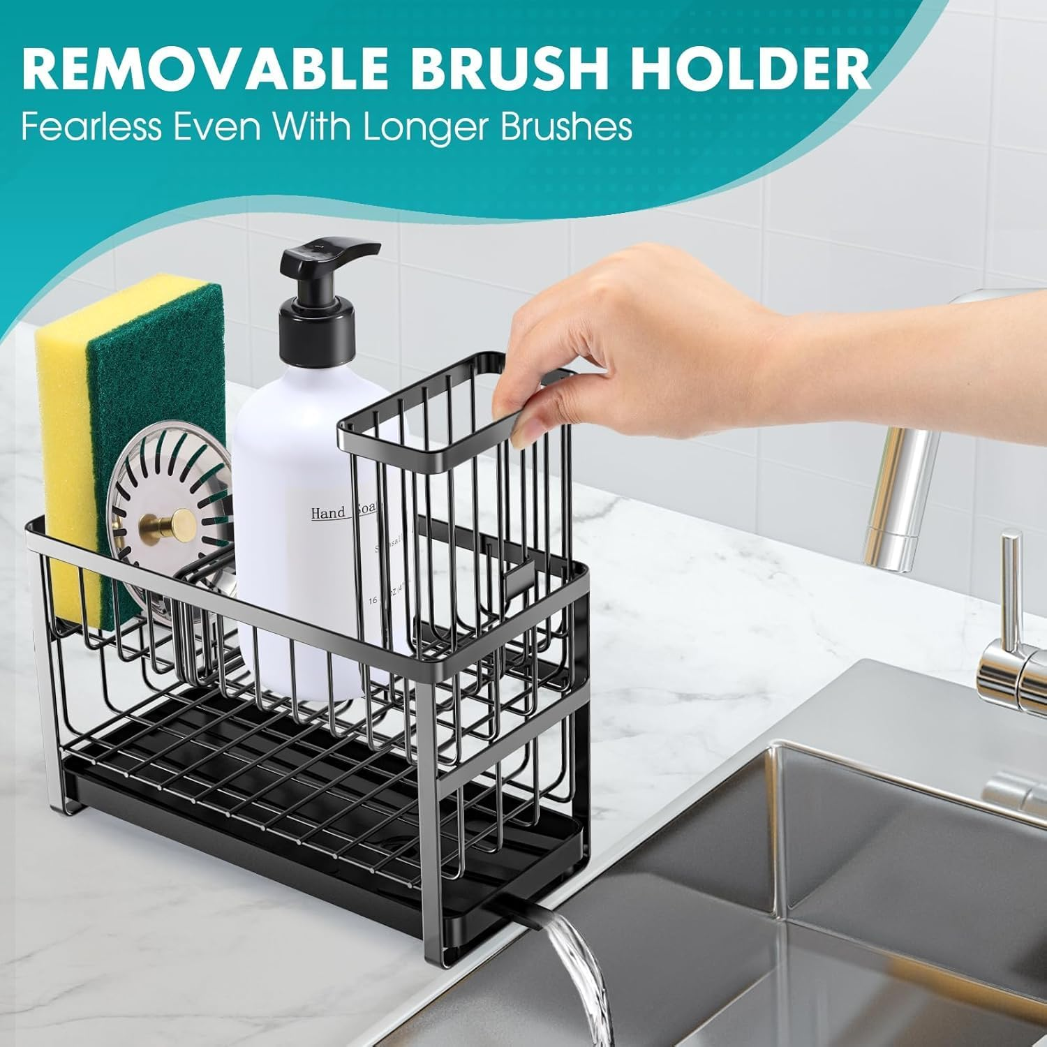 Sponge Holder for Kitchen Sink Organizer,2 Tier Dish Brush Scrubber Holder,Stainless Steel Sink Box Utensil Holder,Soap Dispenser Set Tray Counter Accessories & Storage Rack (Stainless Steel, &lrm;Black) image number 1