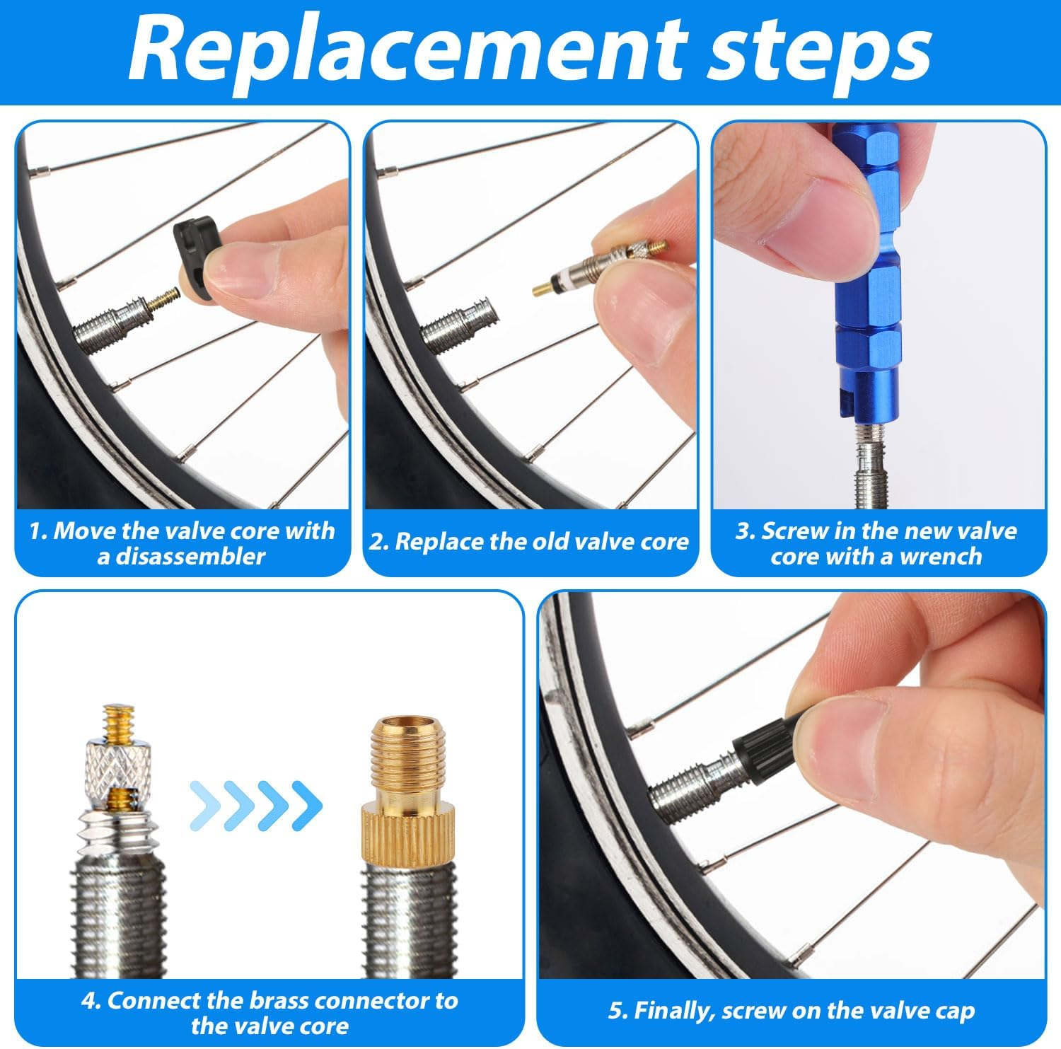 XIHIRCD Valve Core Repair Kit, 10Pcs Valve Cores & 10Pcs Valve Caps with Wrench Brass Joint Disassembler Easy to Replace Valve Core Bike Replacement Kit image number 2