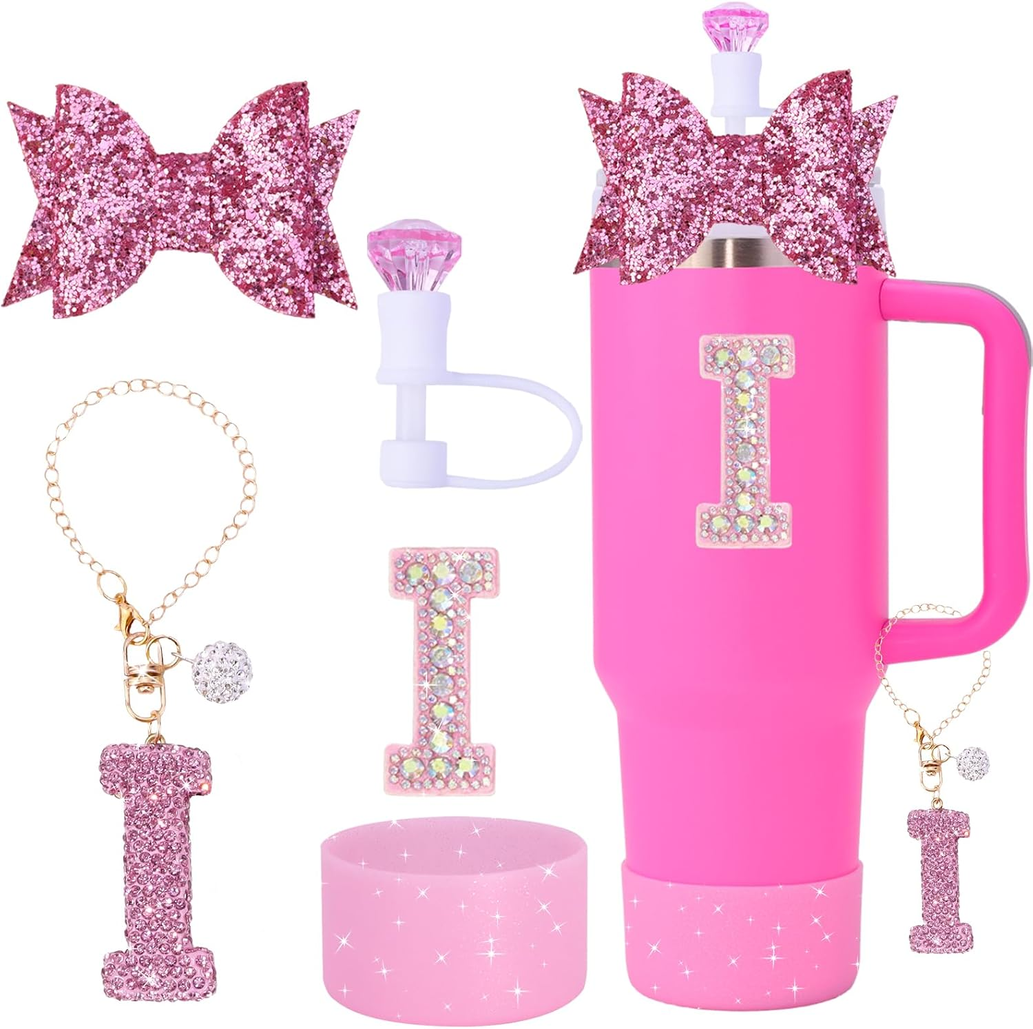 5Pcs Stanley Cup Accessories Set,Letter Charm for Stanley Cups,Including Diamond Straw,Bow Straw,Sparkly Silicone Boot for Stanley Cup 30Oz&40Oz(A)