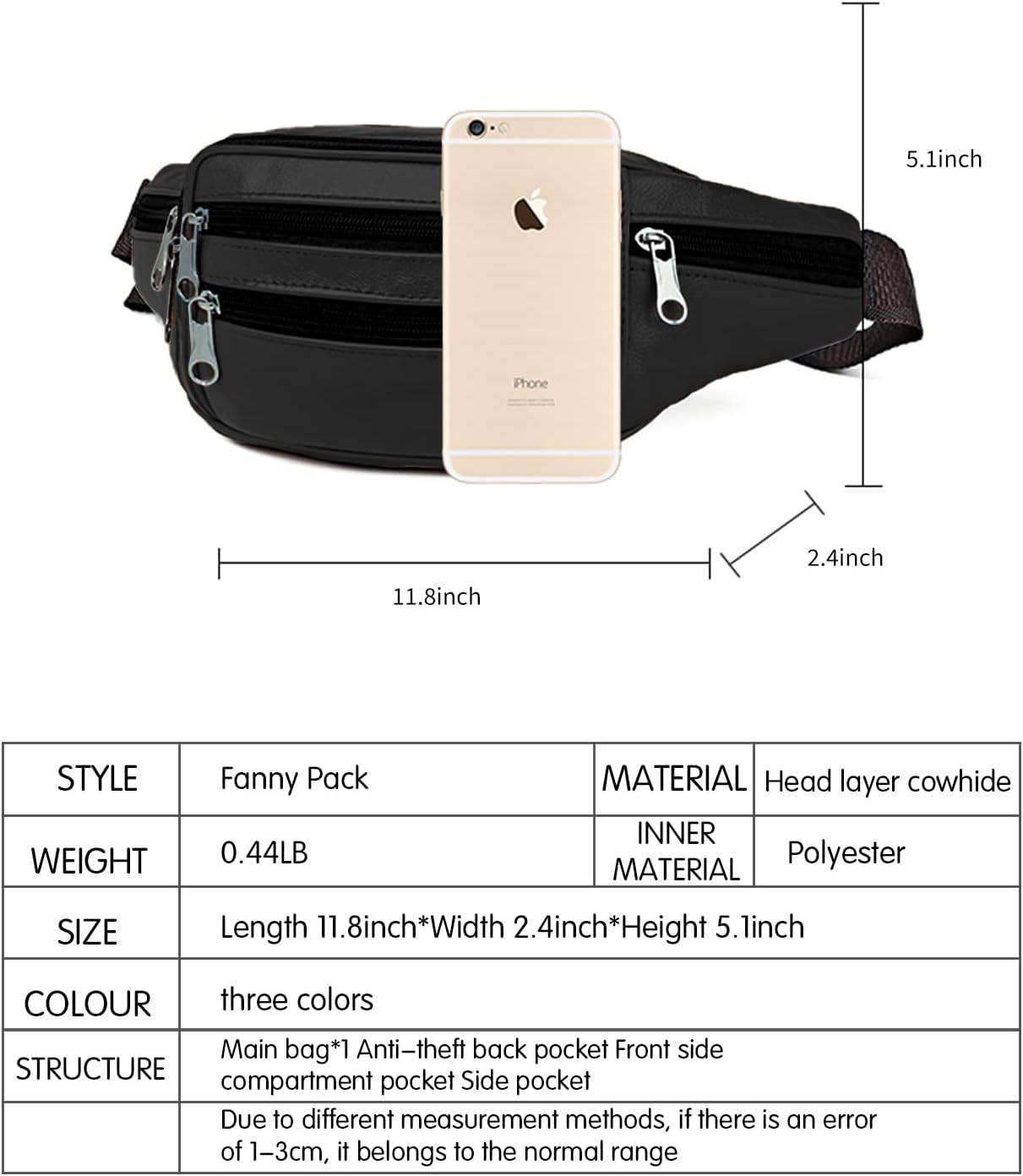 Isuntop Genuine Leather Waist Pack Waist Bag Waterproof Hip Belt Bag Organizer with Adjustable Belt Multiple Pockets Funny Pack for Sport Travel Hiking(Black)