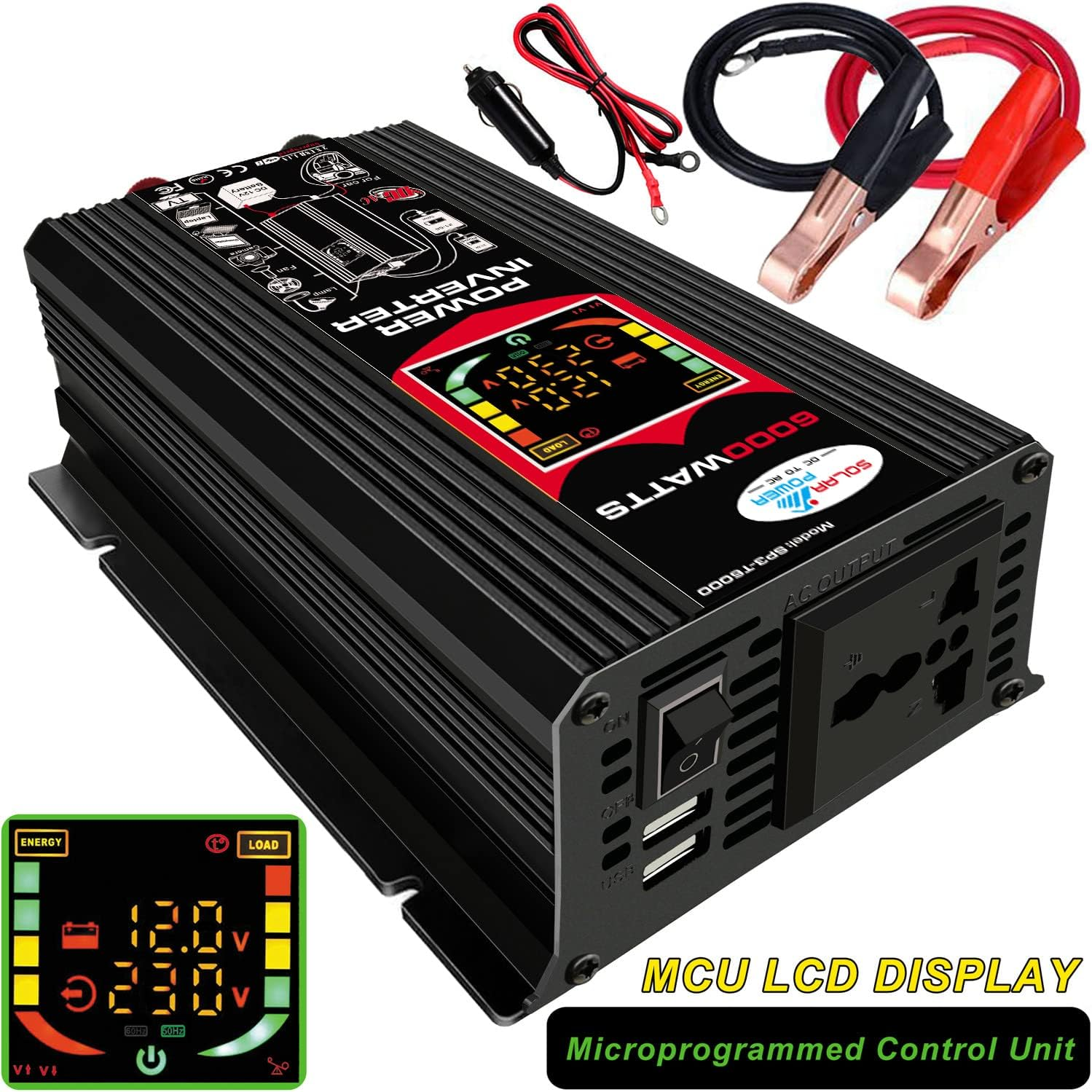 LAPOOH Modified Sine Wave Inverter High Frequency 6000W Power Watt Power Inverter DC 12V to AC 220V Converter Car Power Inverter with 2.1A Dual USB Port Battery Clips Car Cigarette Plug LCD Display